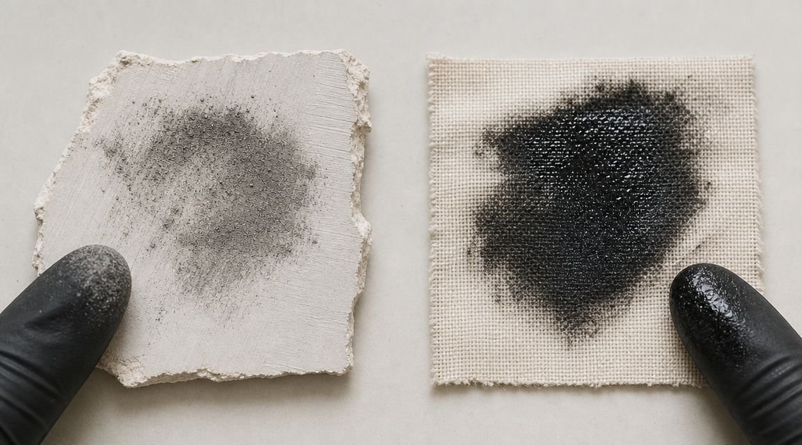 A gloved hand holds a piece of plaster with soot, while another touches a dark ink stain on fabric.