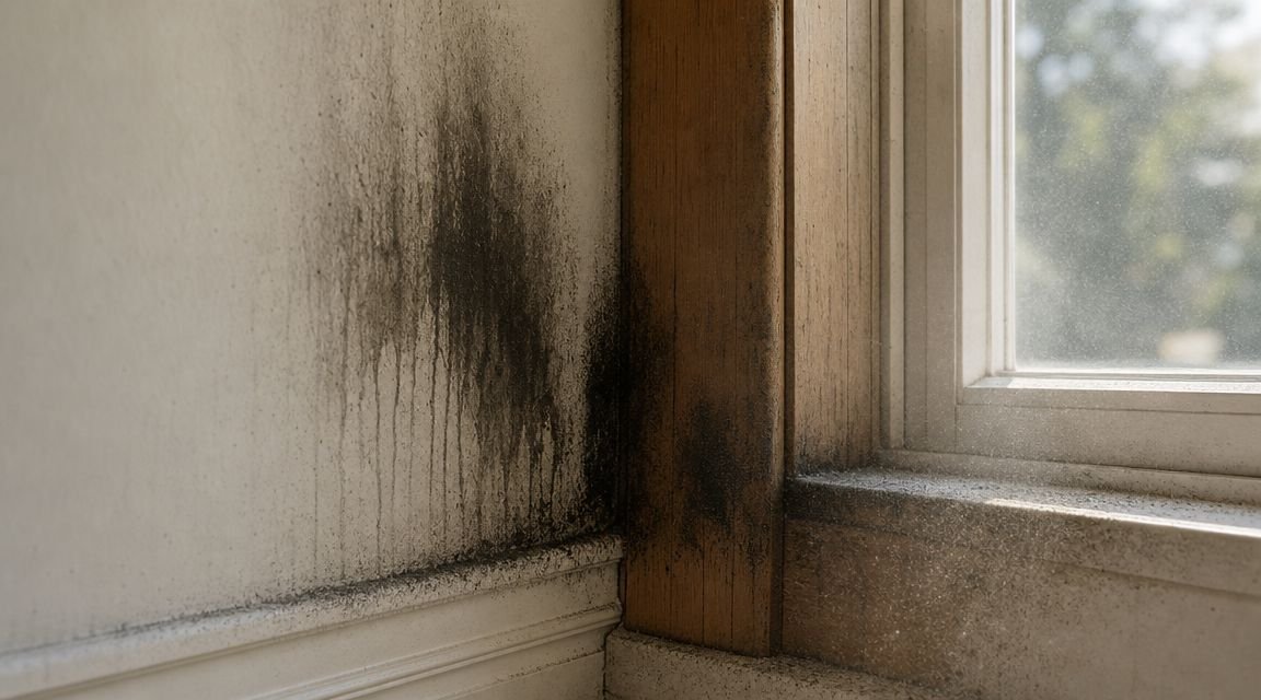 A close-up view of dark soot stains and smoke damage on a white wall near a window frame.