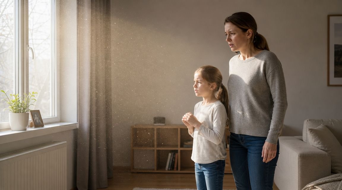 A concerned mother and her young daughter stand together while looking out a window at airborne particles.