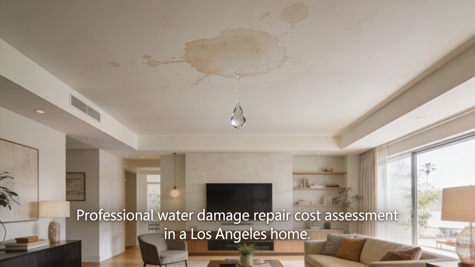 A modern Los Angeles living room featuring a large water stain on the ceiling with a dripping droplet.