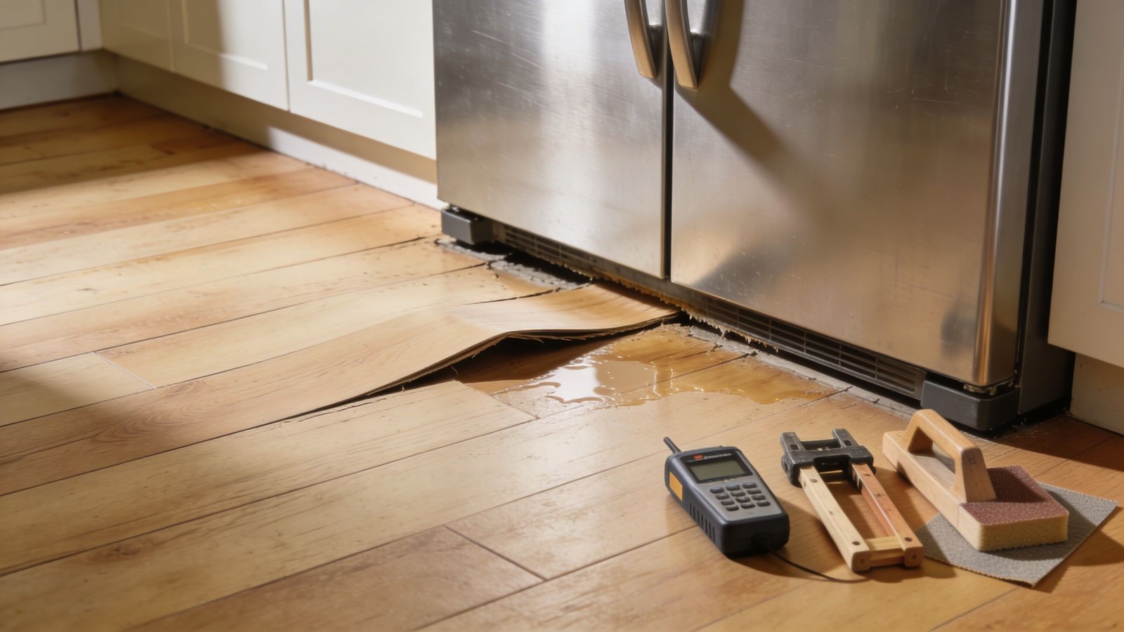 Damaged kitchen wood flooring warped from refrigerator water leak with professional inspection tools placed nearby on floor.