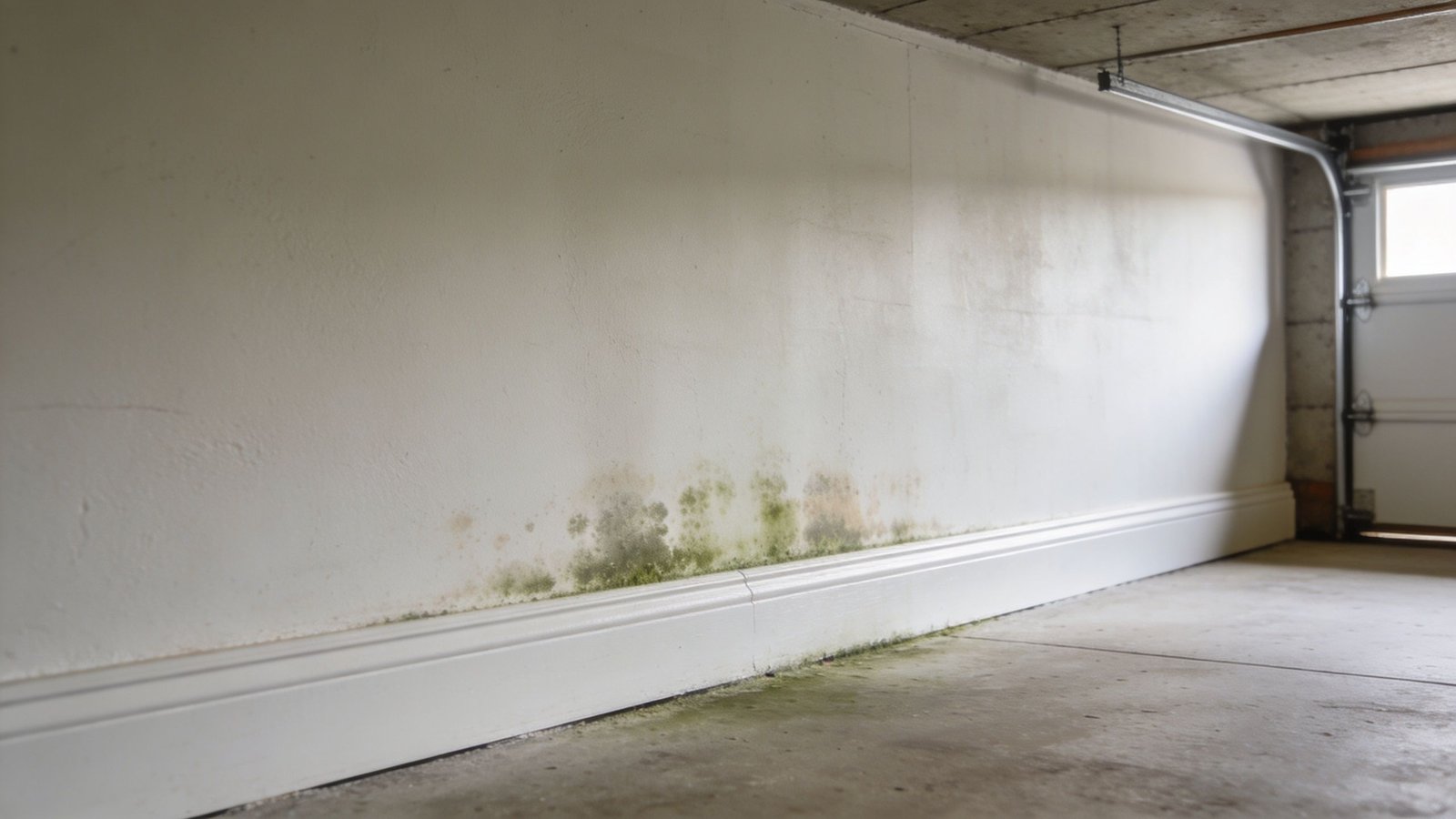 Mold growth and moisture stains on the bottom of a garage wall indicating water damage.