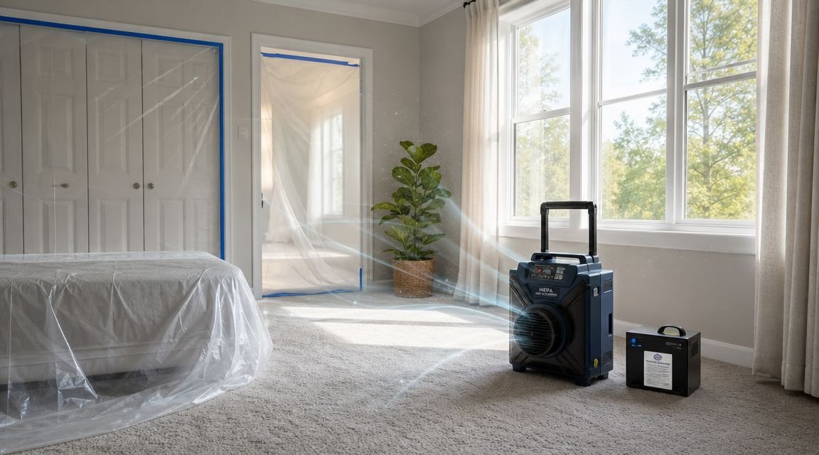 Industrial air scrubber and dehumidifier working in a room undergoing professional water damage restoration cleanup.