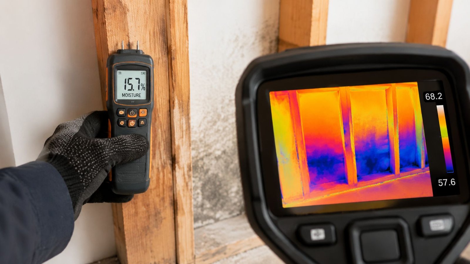 A hand using a moisture meter on wood studs while a thermal camera displays water damage patterns.
