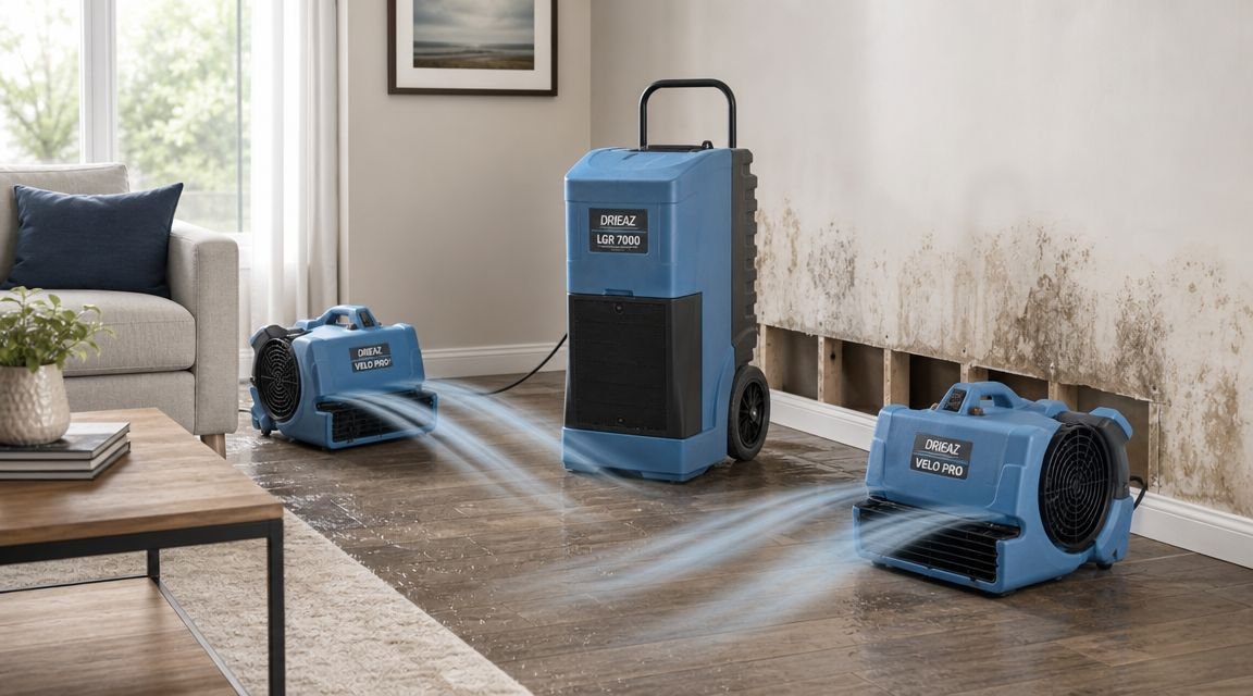 Dri-Eaz water damage restoration equipment including two Velo Pro air movers and an LGR 7000 dehumidifier.