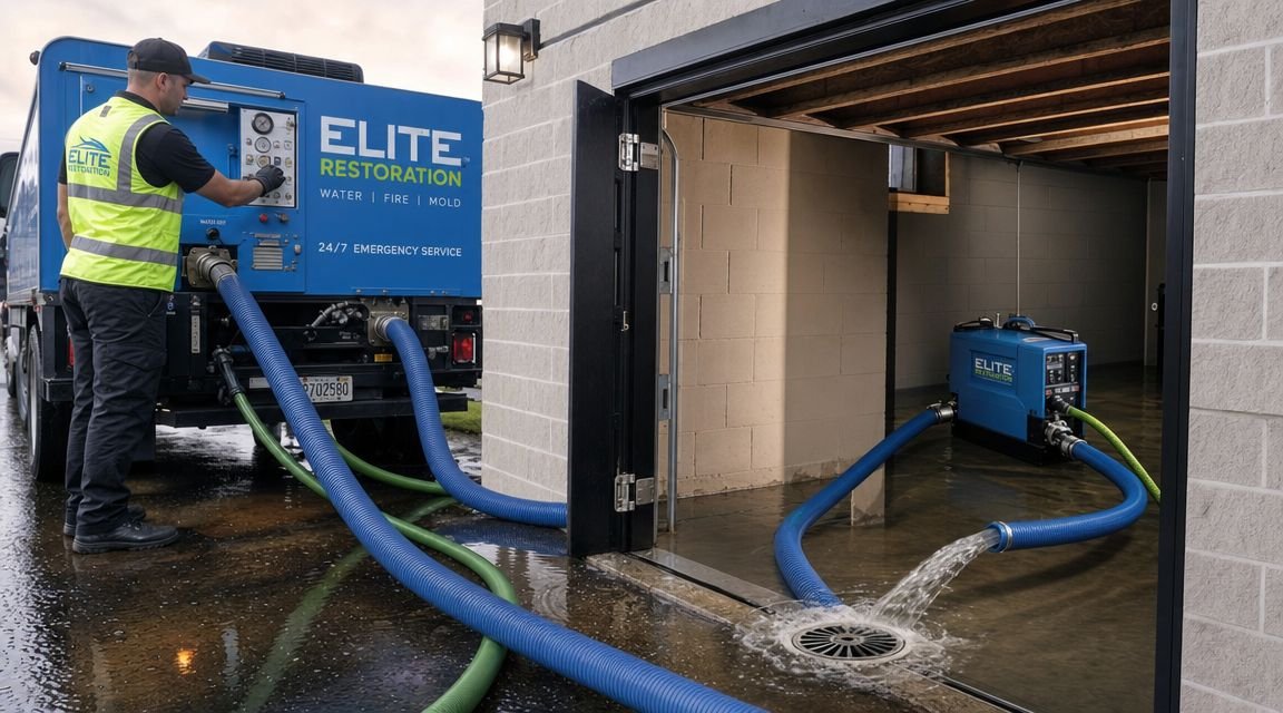 A restoration worker operates professional water removal equipment to clear flooded garage space using heavy-duty industrial hoses.