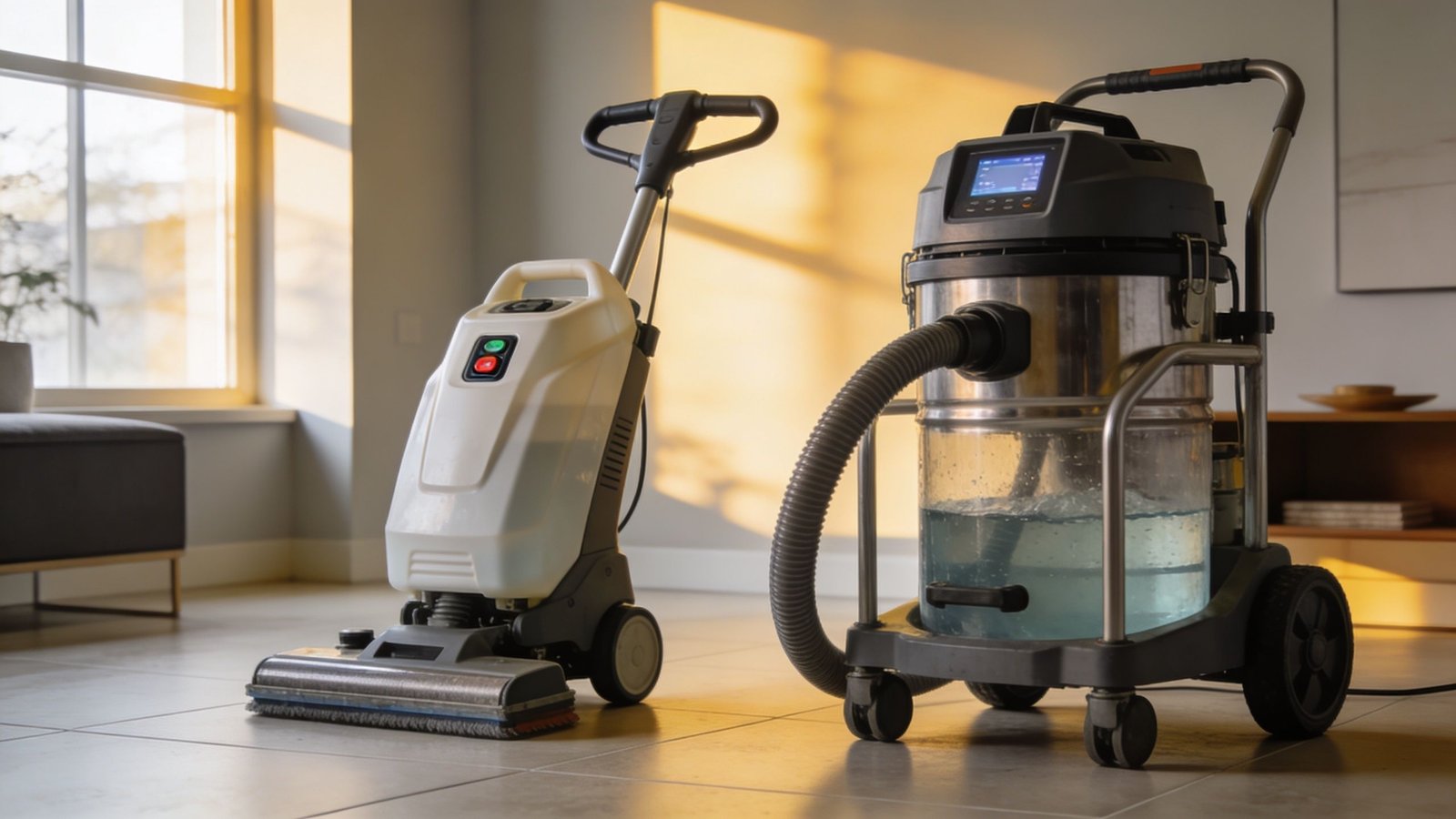 A professional floor scrubber and a water extraction vacuum cleaner standing on a tiled room floor.