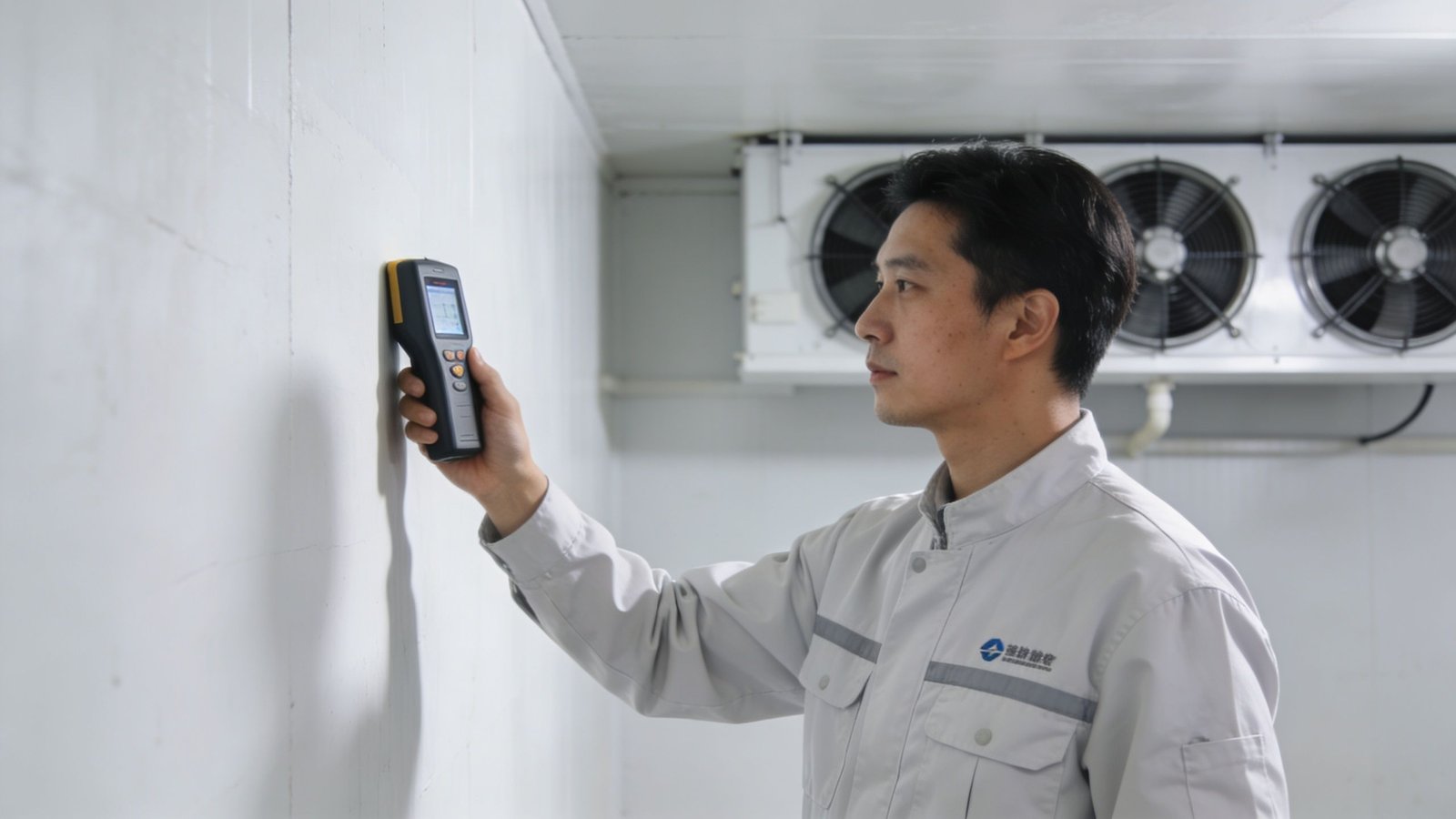 A professional technician using a moisture meter to inspect the white wall of a refrigeration unit.