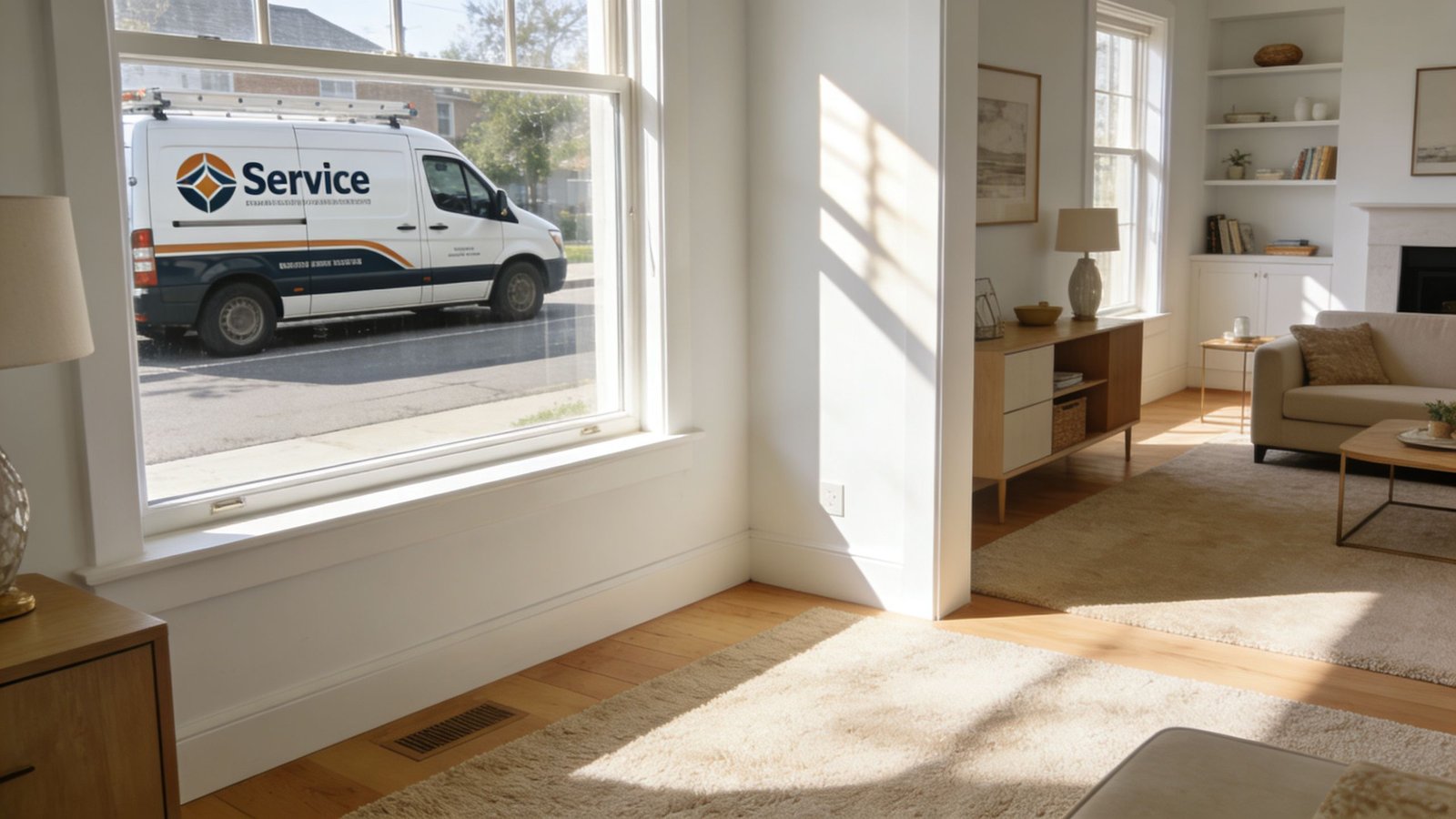 A service van parked outside a bright, modern living room seen through a large window.