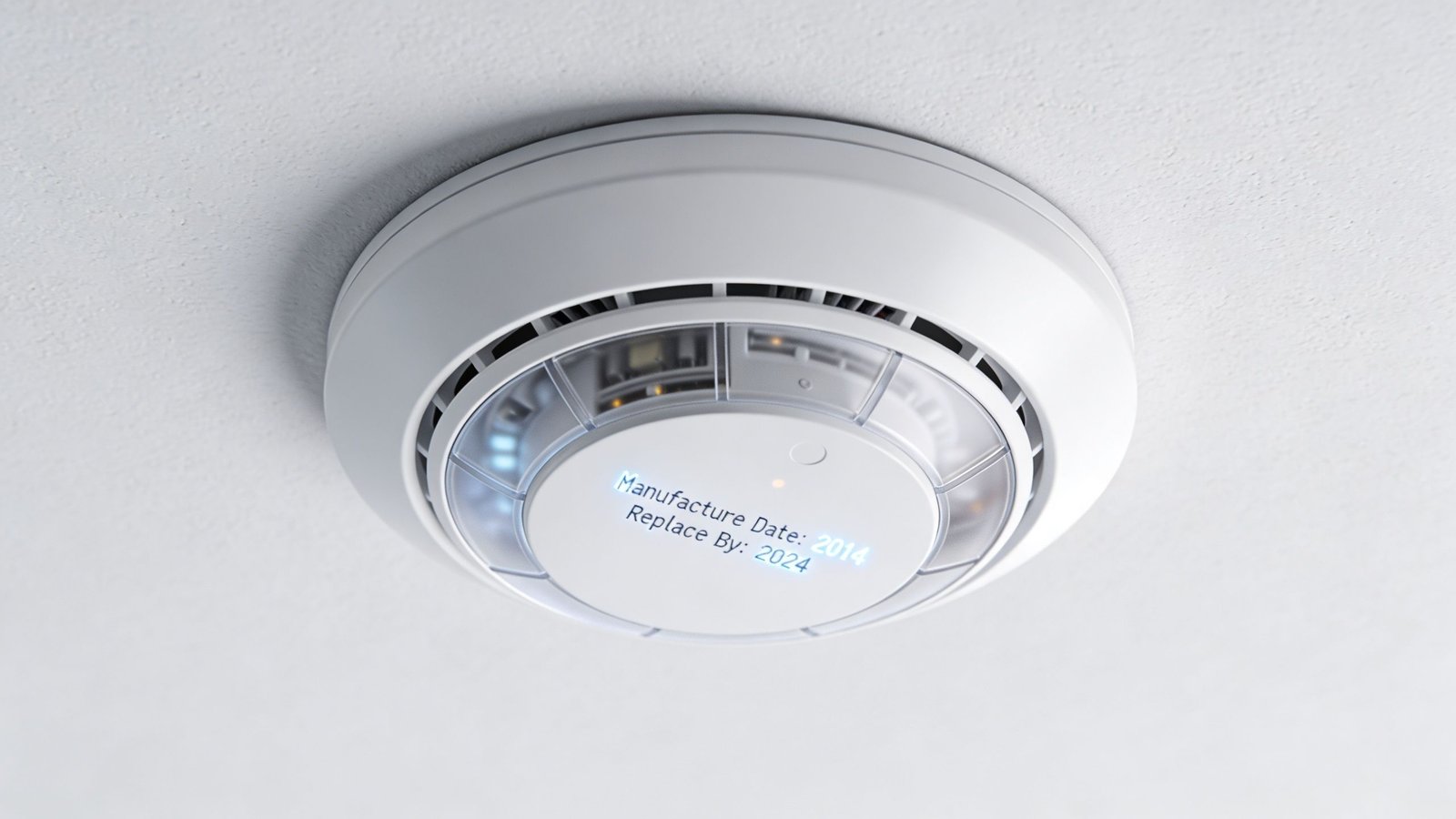 A ceiling-mounted smoke detector with a digital label indicating the manufacture date 2014 and replacement year 2024.