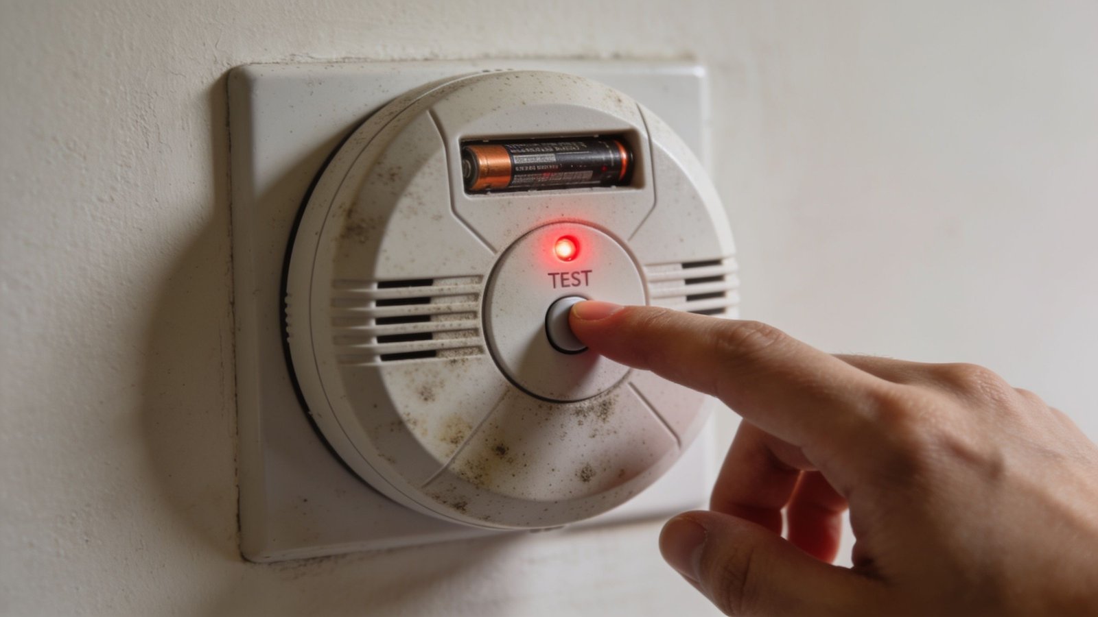 A person pressing the test button on a dirty smoke alarm mounted on a white wall.