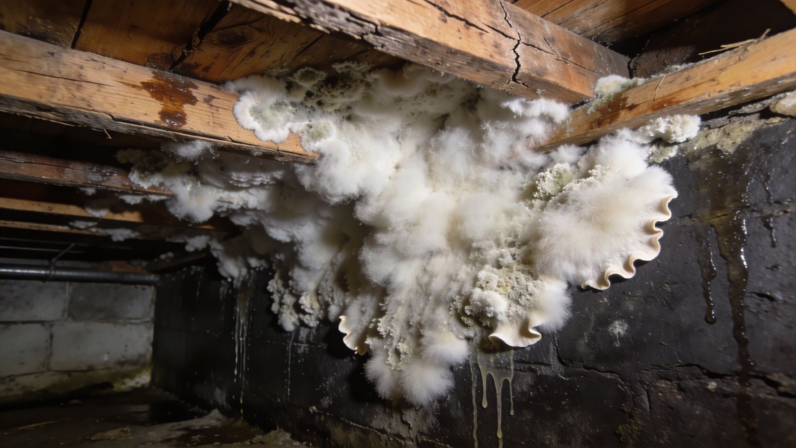 Thick white fluffy mold growth spreading across wooden floor joists and a basement concrete wall.