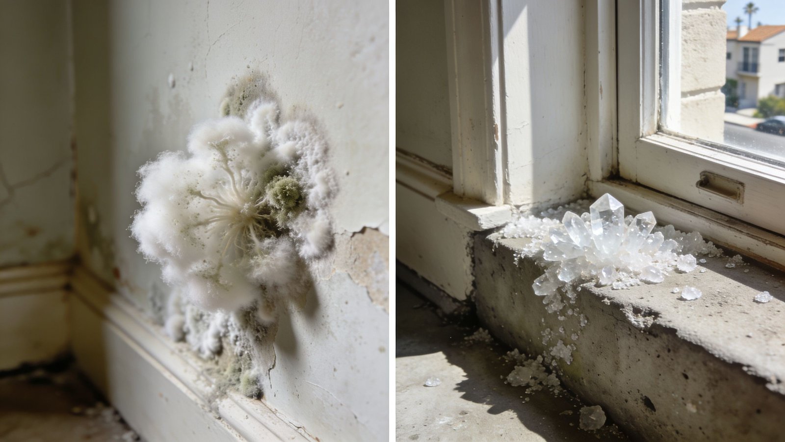 A split screen showing a patch of fuzzy white mold on a wall and clear crystals growing on a windowsill.