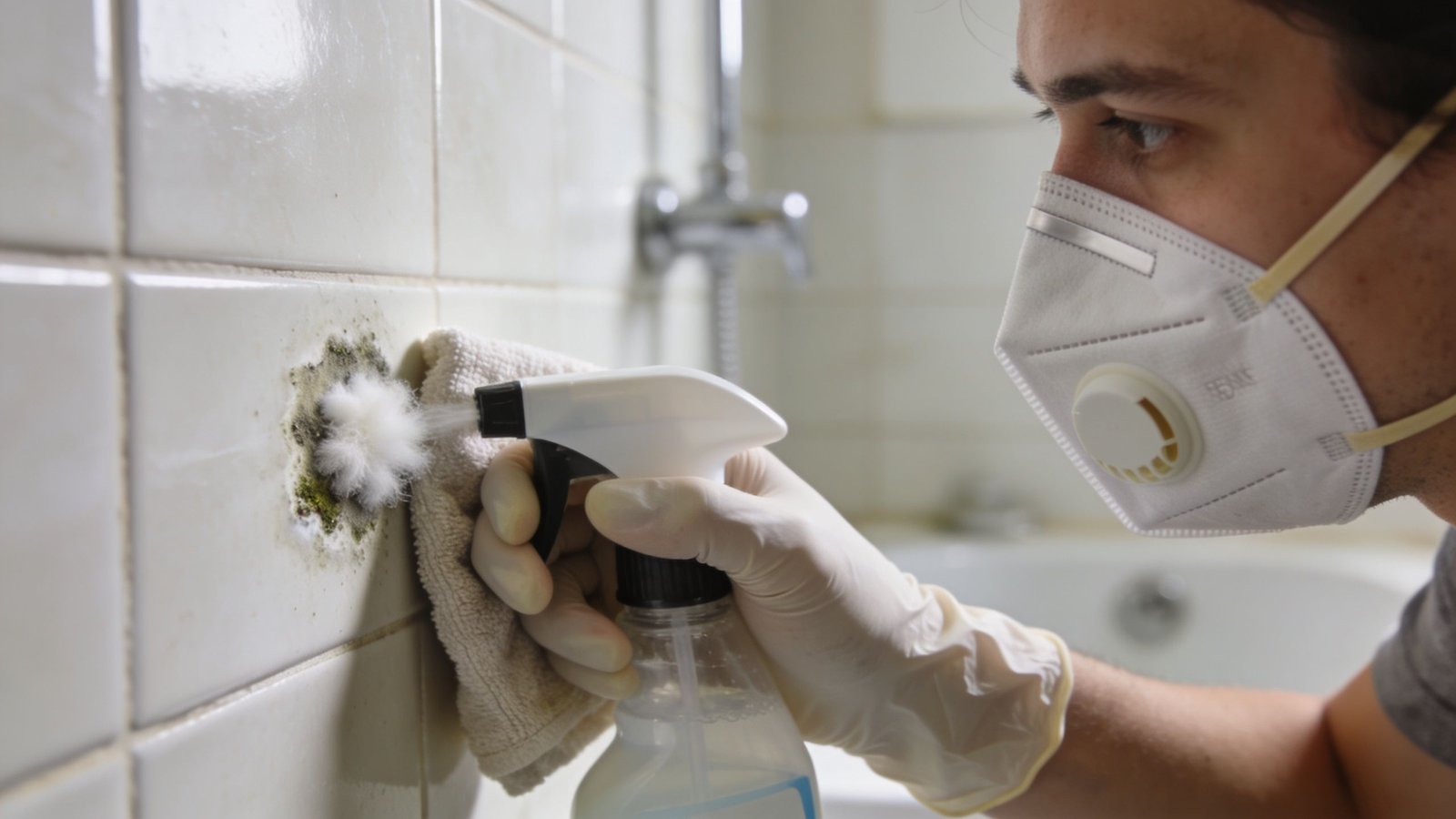 A person wearing a protective mask and gloves cleaning white fluffy mold on bathroom tiles with spray.