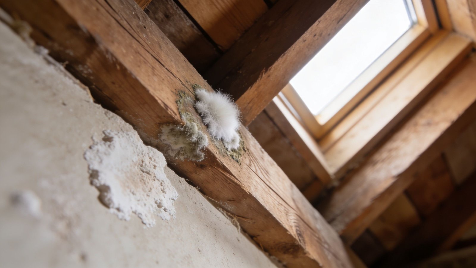 A close-up view of white fuzzy mold growing on a wooden attic beam near a roof window.