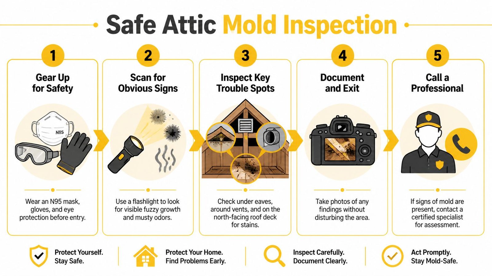 A five-step instructional guide on performing a safe attic mold inspection, highlighting safety gear and professional help.