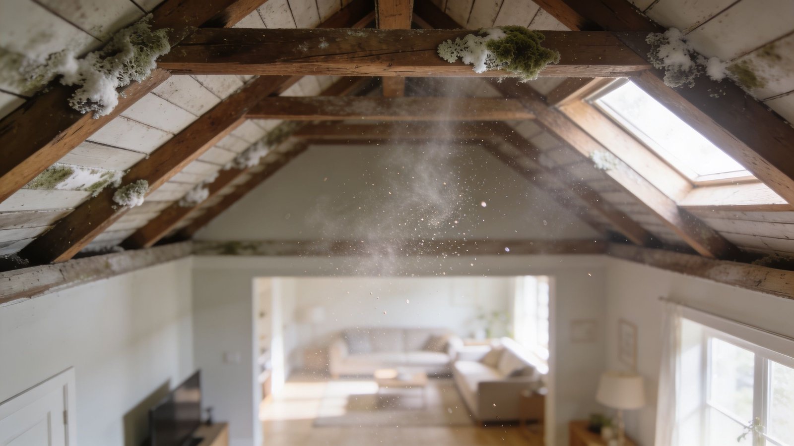 A high-angle view looking down into a living room with moldy wooden ceiling beams in the attic.