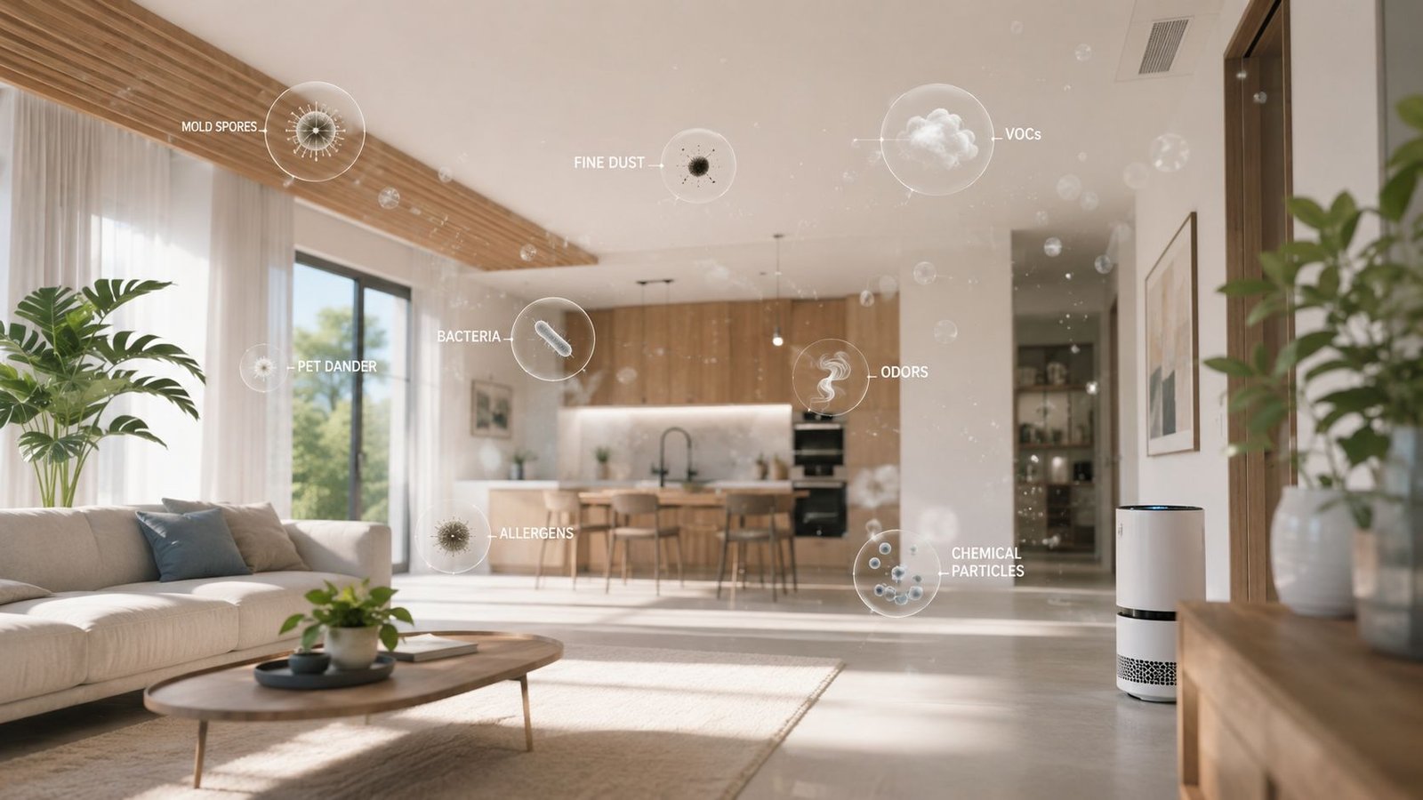 A modern living room with an air purifier, highlighting floating indoor pollutants like dust, allergens, and odors.
