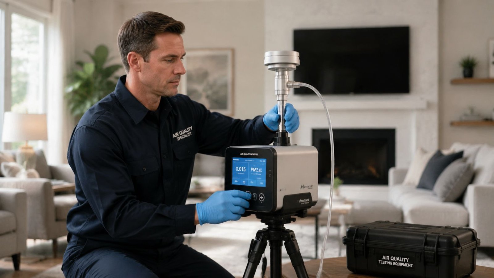 An air quality specialist wearing gloves sets up a professional testing device on a tripod in a home.