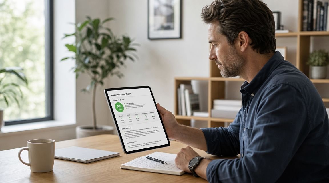 A man sitting at a wooden desk reviewing air quality data on a tablet device.