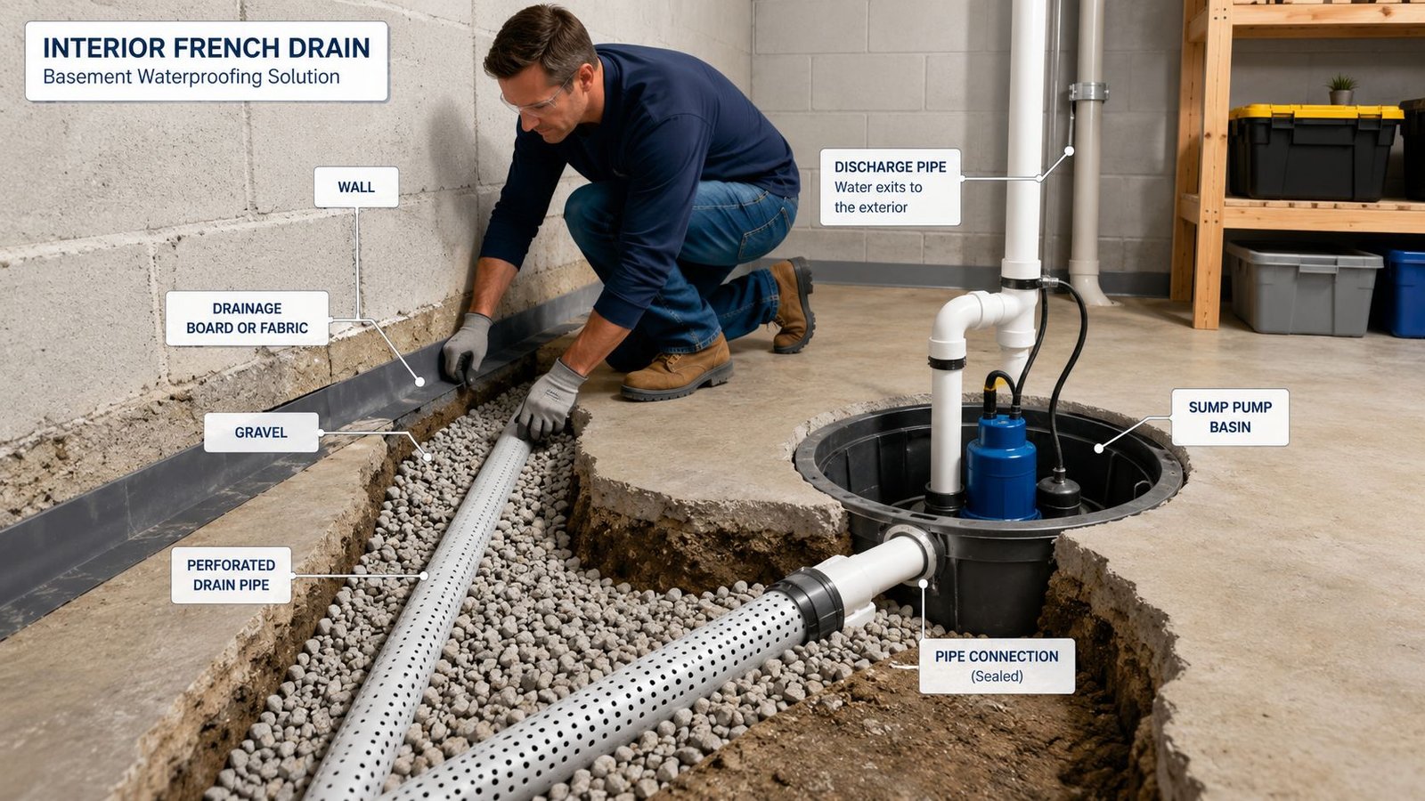A professional technician installing an interior French drain system in a basement to prevent water damage.