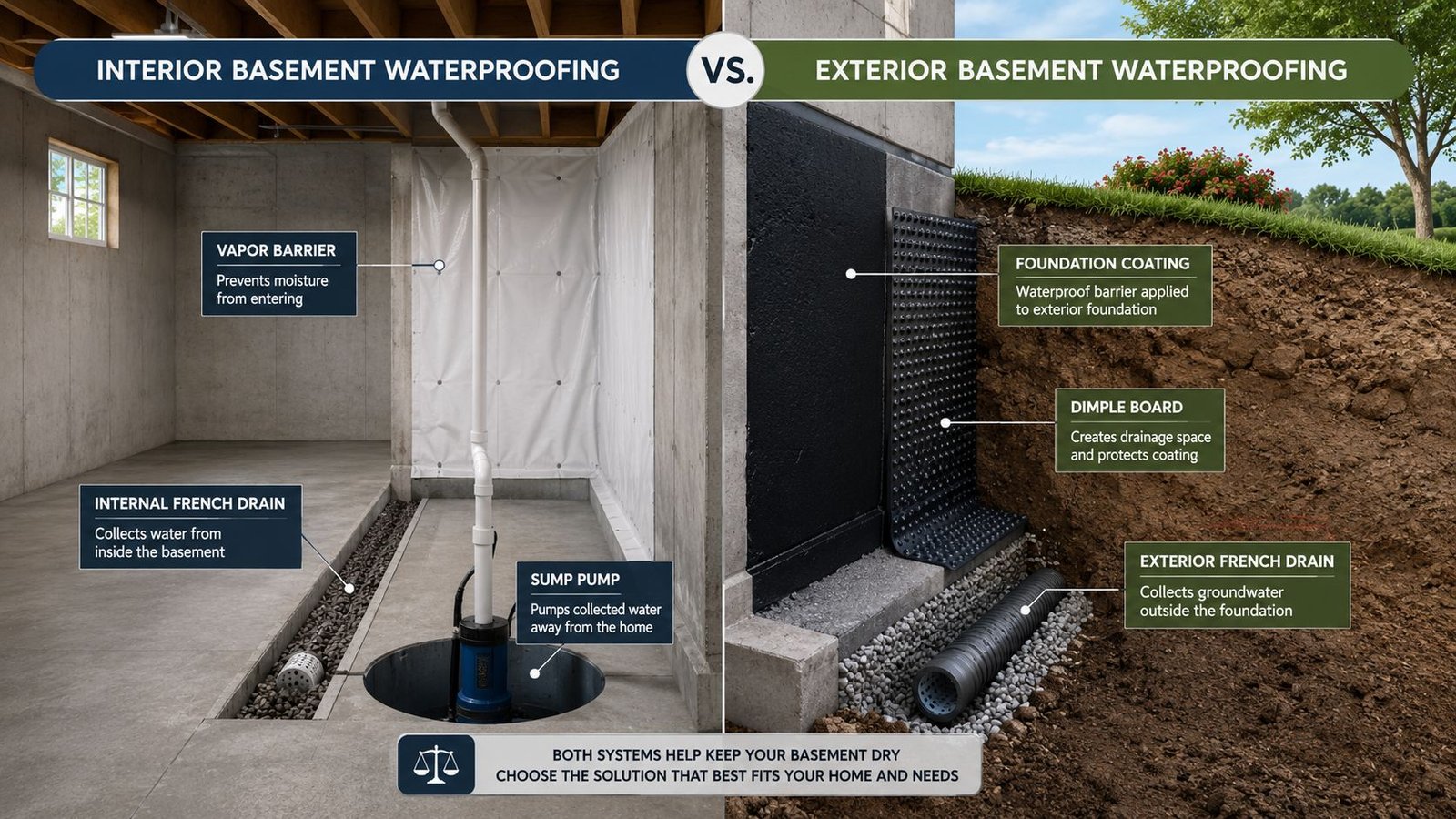 A diagram comparing interior and exterior basement waterproofing methods, highlighting drains, sump pumps, and foundation coating components.