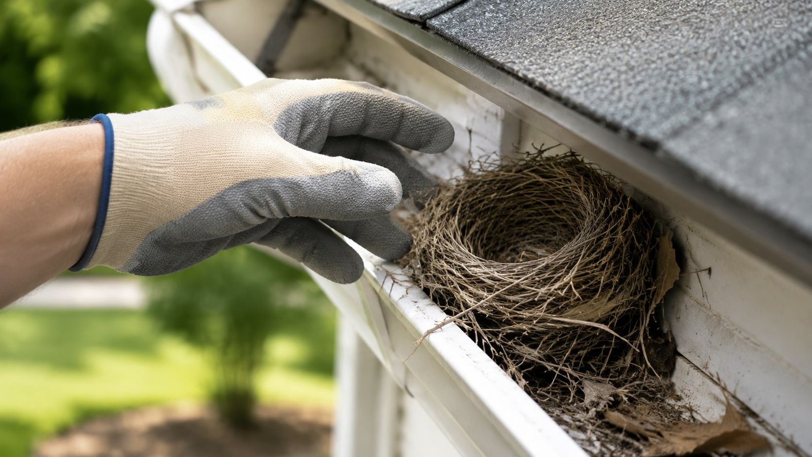 A gloved hand reaches toward a bird nest sitting inside a white residential rain gutter.