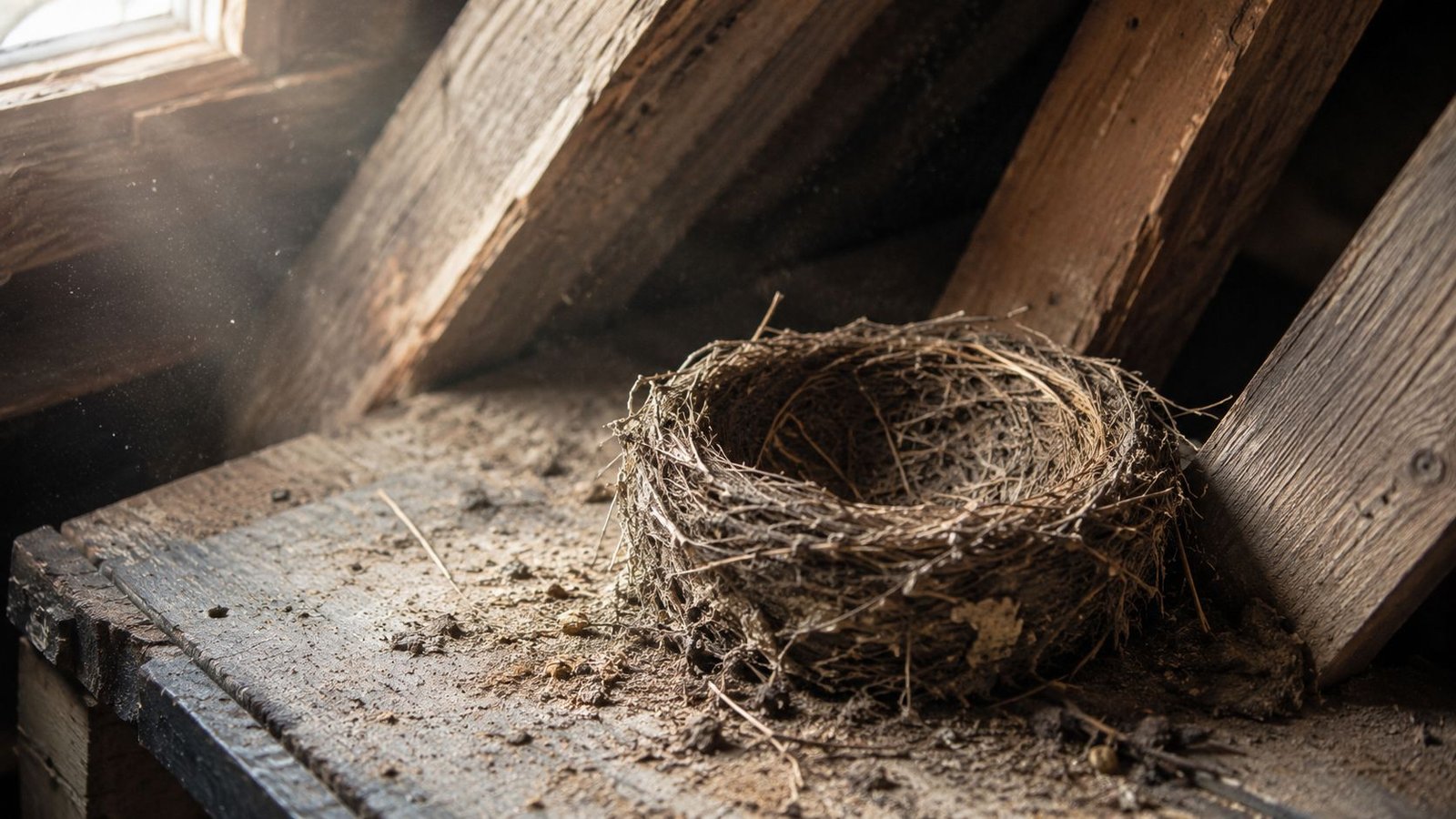 An empty, weathered bird nest abandoned on a dusty wooden surface inside a rustic attic space.