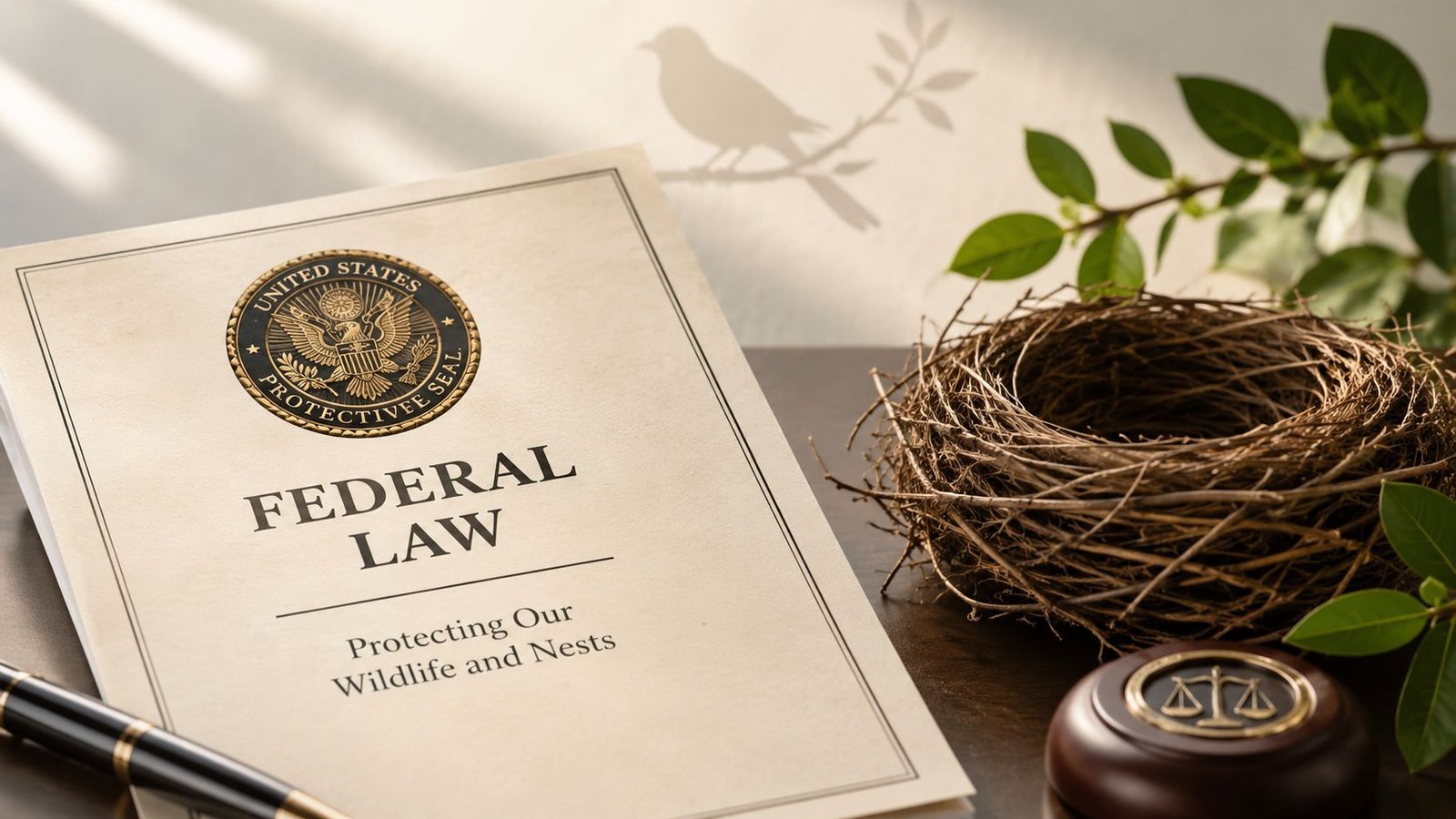 A document titled Federal Law regarding wildlife and nests displayed with a bird's nest and gavel.