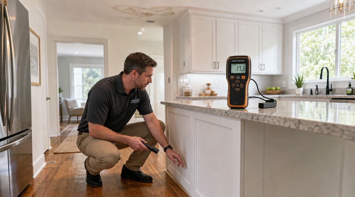 A professional building inspector checks for water damage in a kitchen near a leaking ceiling spot.