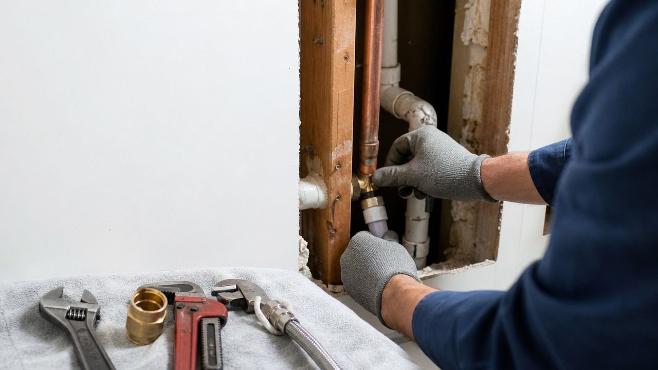 A professional plumber wearing safety gloves repairing a leaking pipe inside a wall during a home renovation.