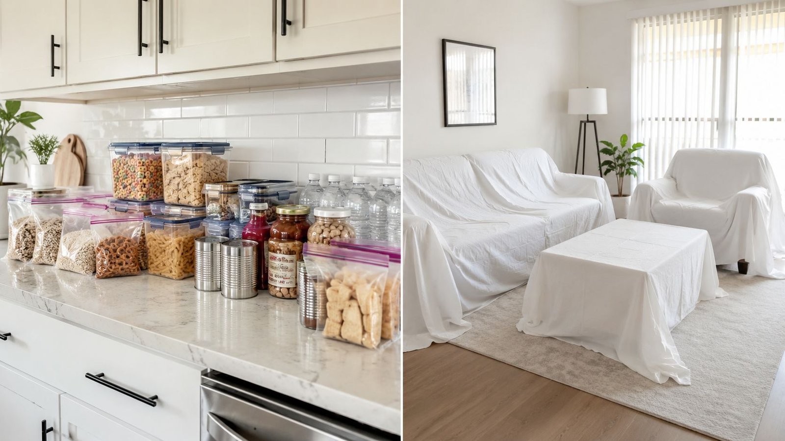 A side-by-side view showing a kitchen counter with food containers and a living room covered with dust sheets.