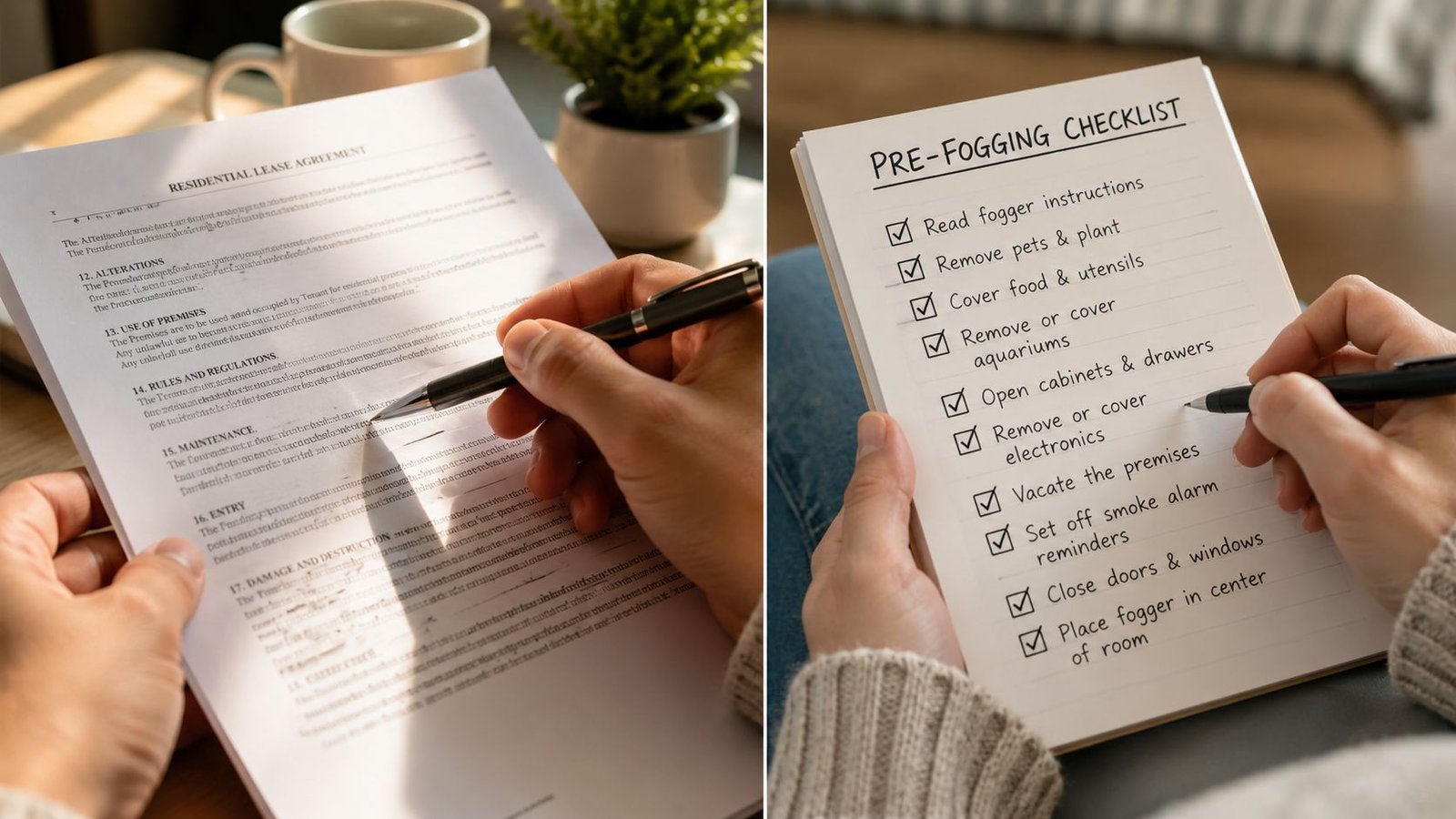 A split-screen image showing a residential lease agreement on the left and a bug bomb safety checklist on the right.