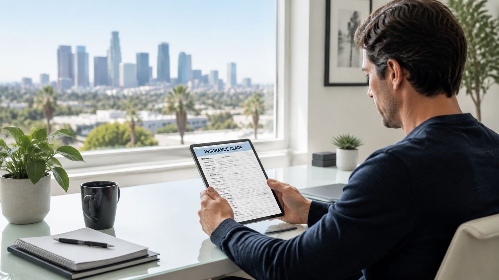 A man sitting at a desk in an office overlooking a city filling out an insurance claim.