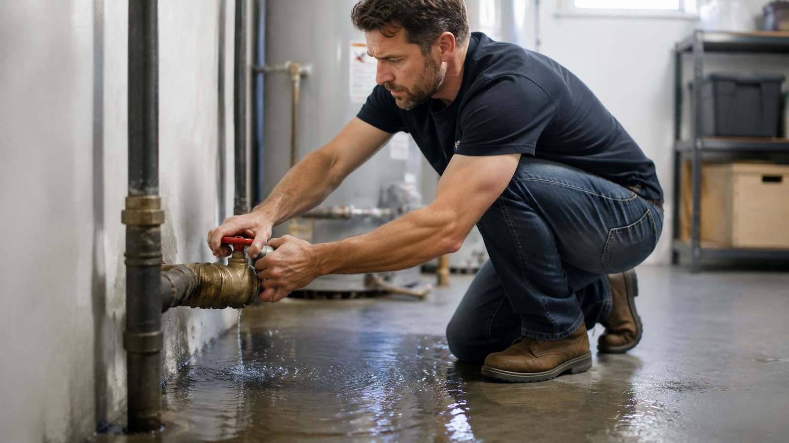 A professional plumber kneeling on a flooded basement floor while repairing a burst water pipe valve.