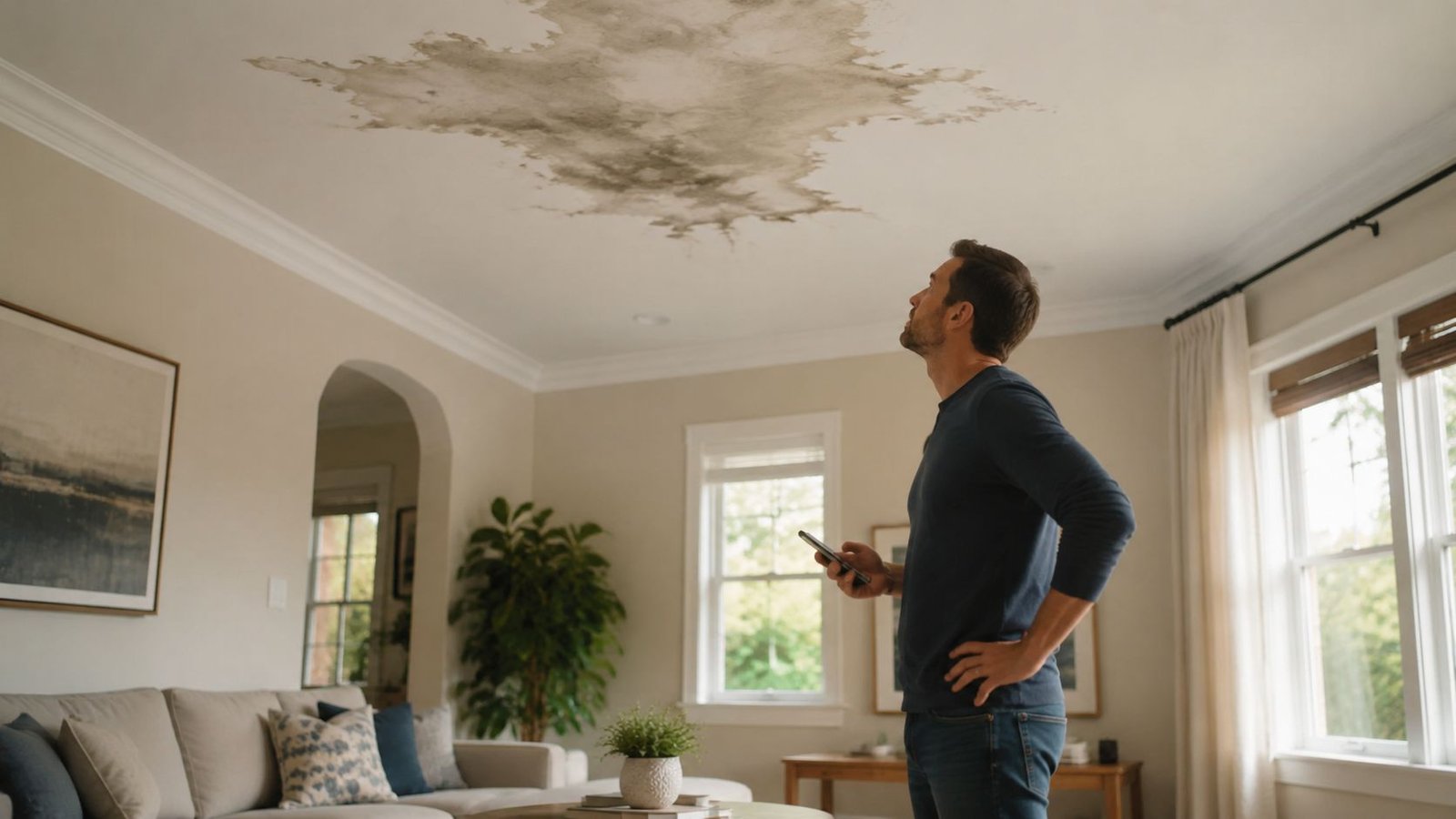 A concerned man looking up at a large, dark water stain on his living room ceiling.