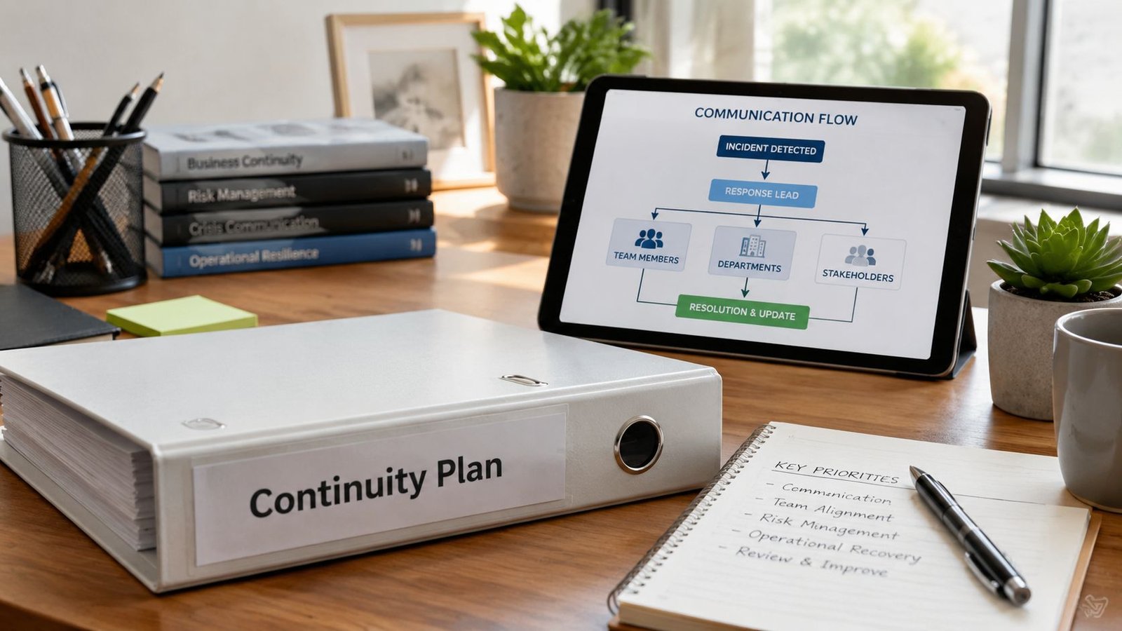 A desk with a business continuity planning binder, tablet showing communication flow, and a notepad.