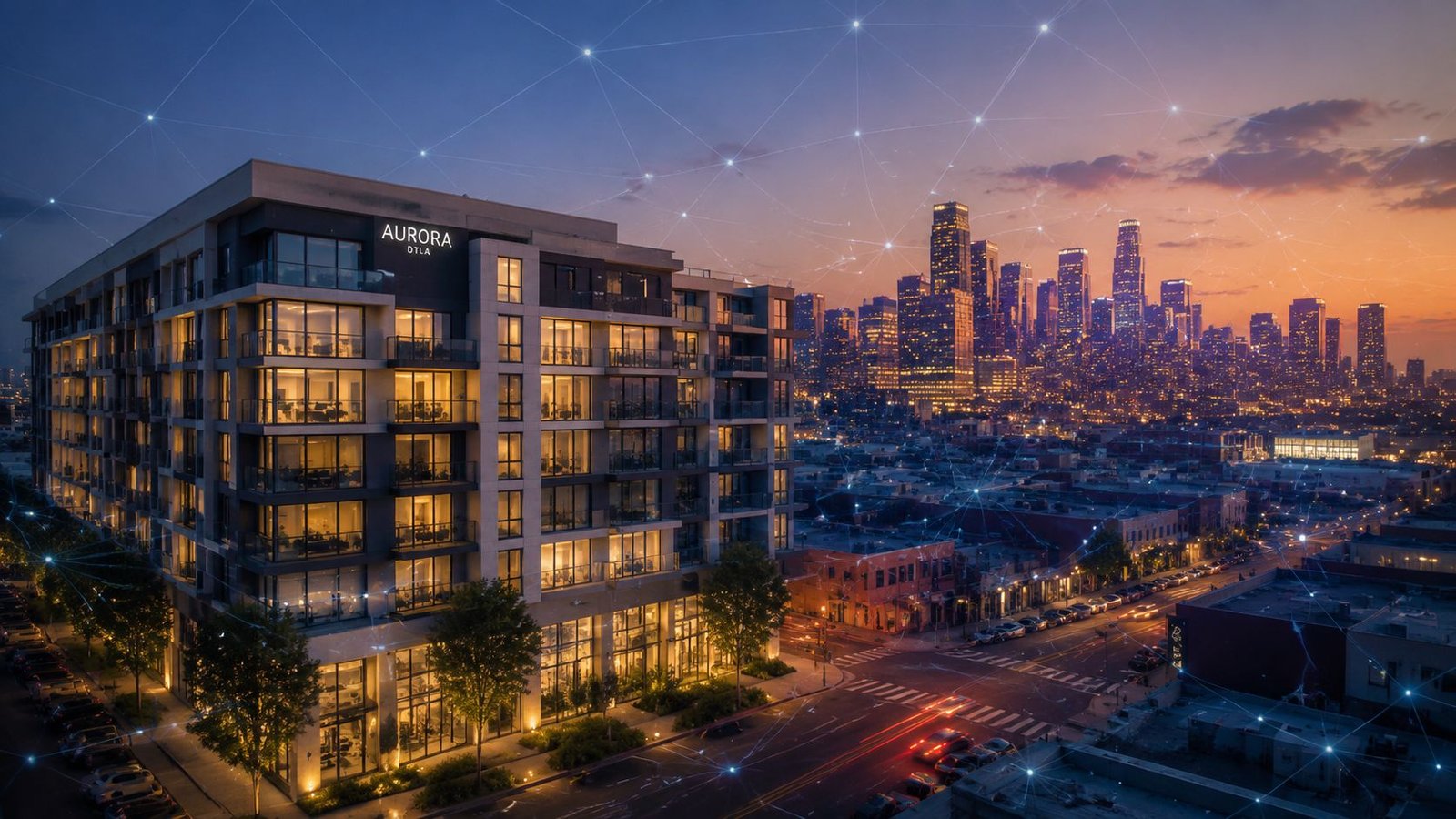 A modern Aurora DTLA apartment building overlooking the illuminated Los Angeles city skyline at twilight.