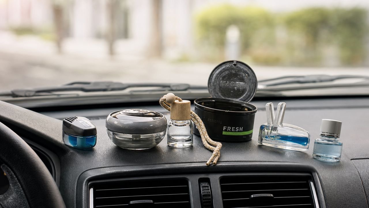 A collection of various car air fresheners lined up on the dashboard of a vehicle.