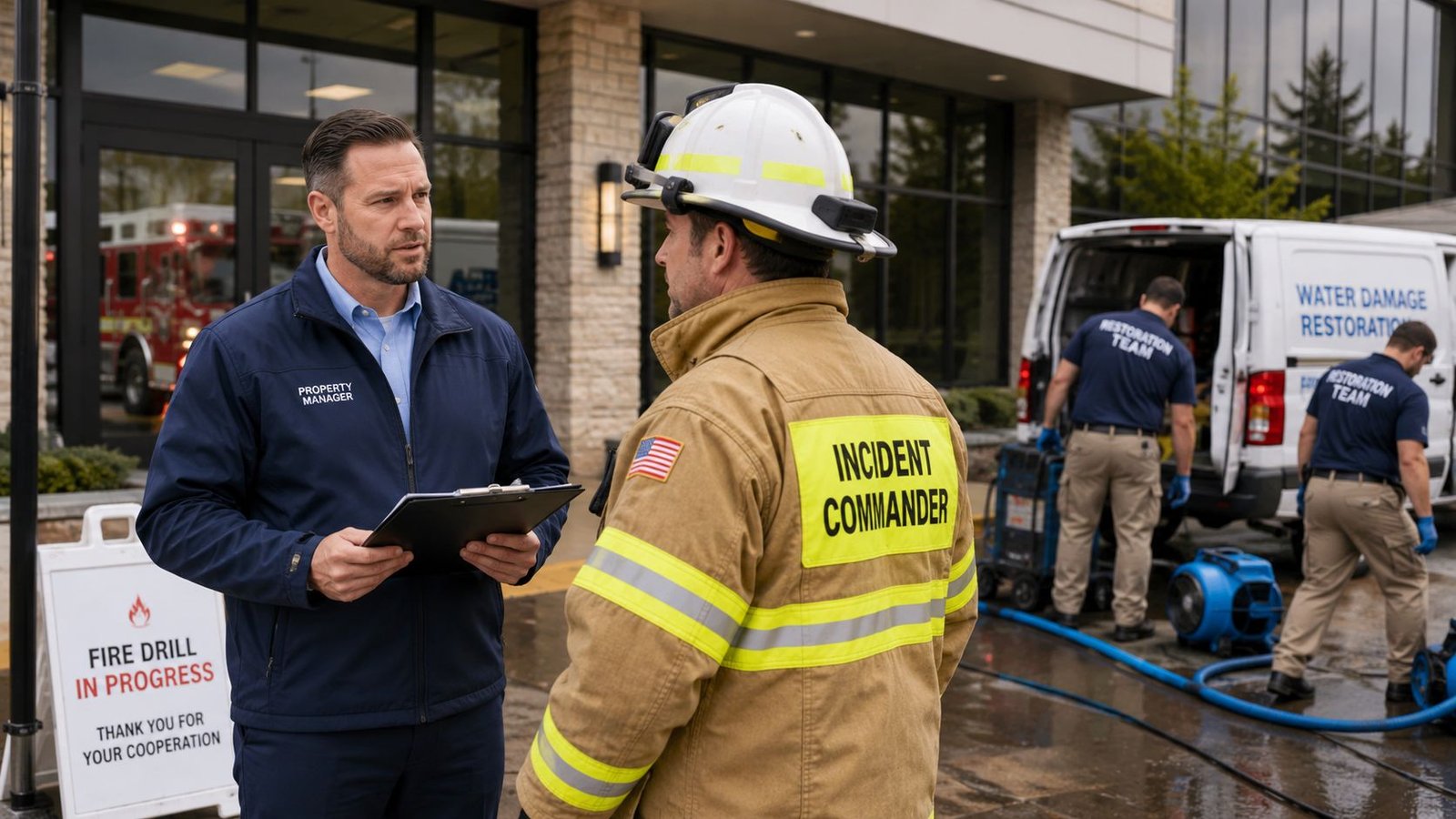 A property manager consults with an incident commander at a commercial property during a fire safety drill.