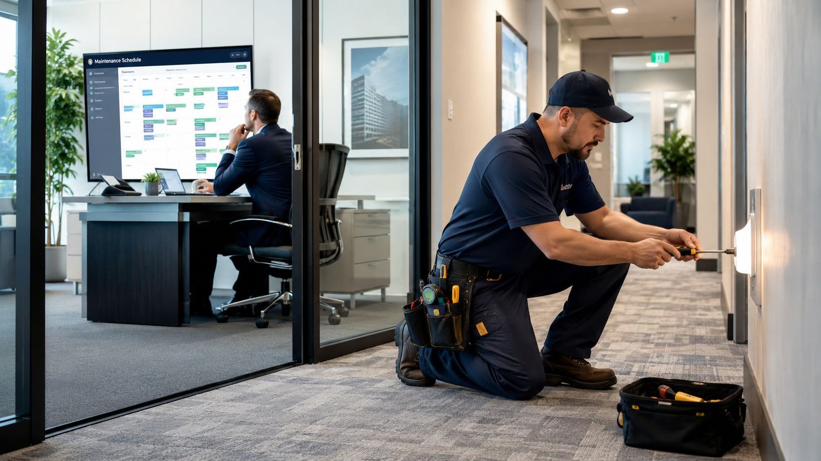 A professional maintenance technician fixing a wall-mounted light while an office worker monitors schedules in the background.