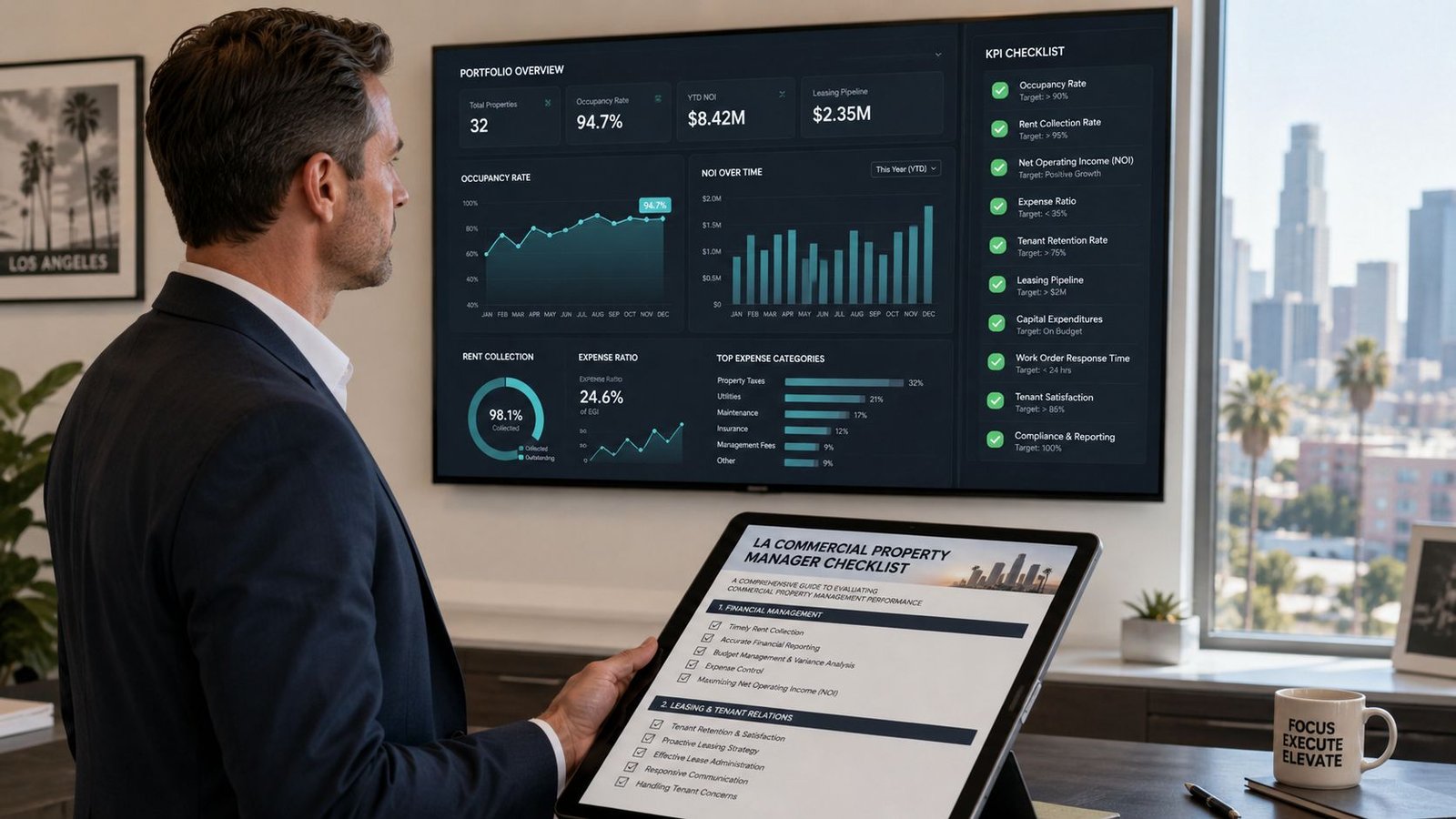 A professional commercial property manager viewing performance dashboards on a large screen and tablet.