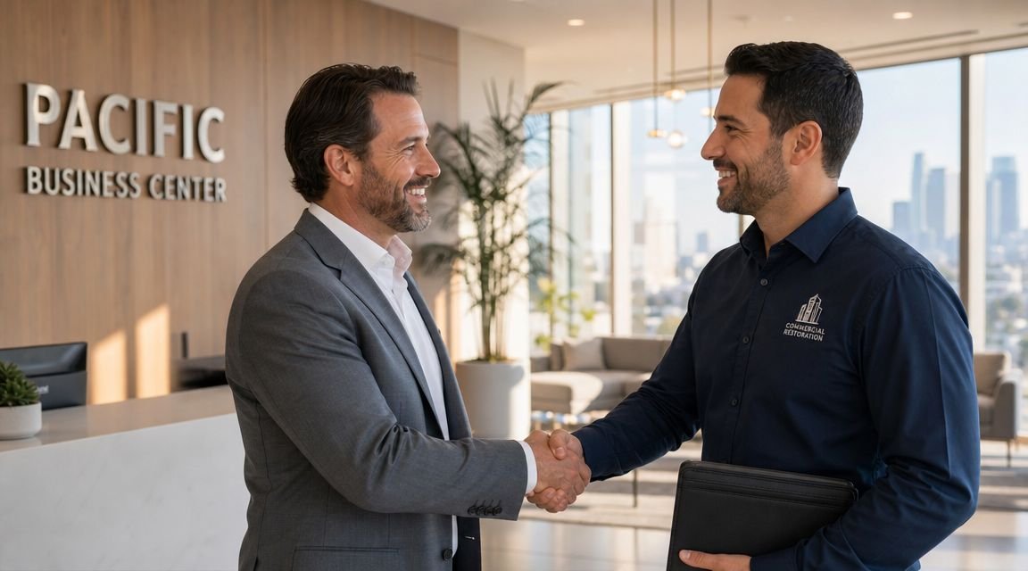 Two professional men shaking hands in a bright, modern office lobby at Pacific Business Center.