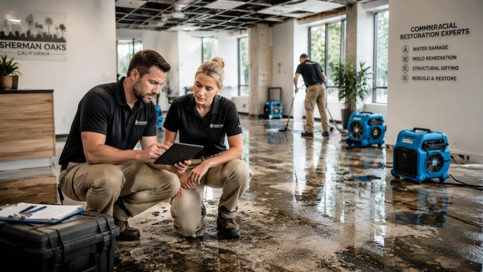 Two professional restoration experts inspecting water damage on a commercial floor using a digital tablet.