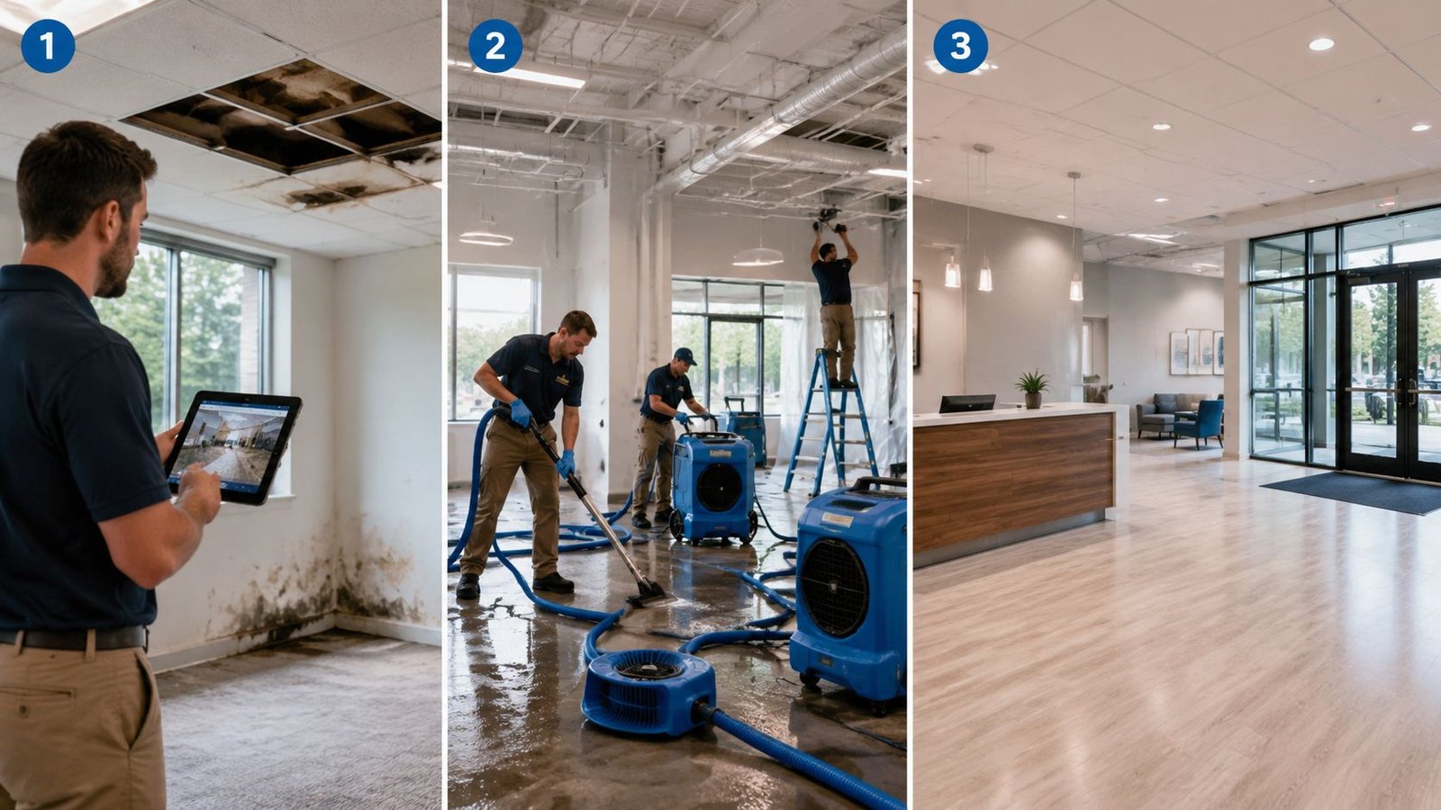 A professional restoration team works to repair water damage in a commercial office space during three stages.
