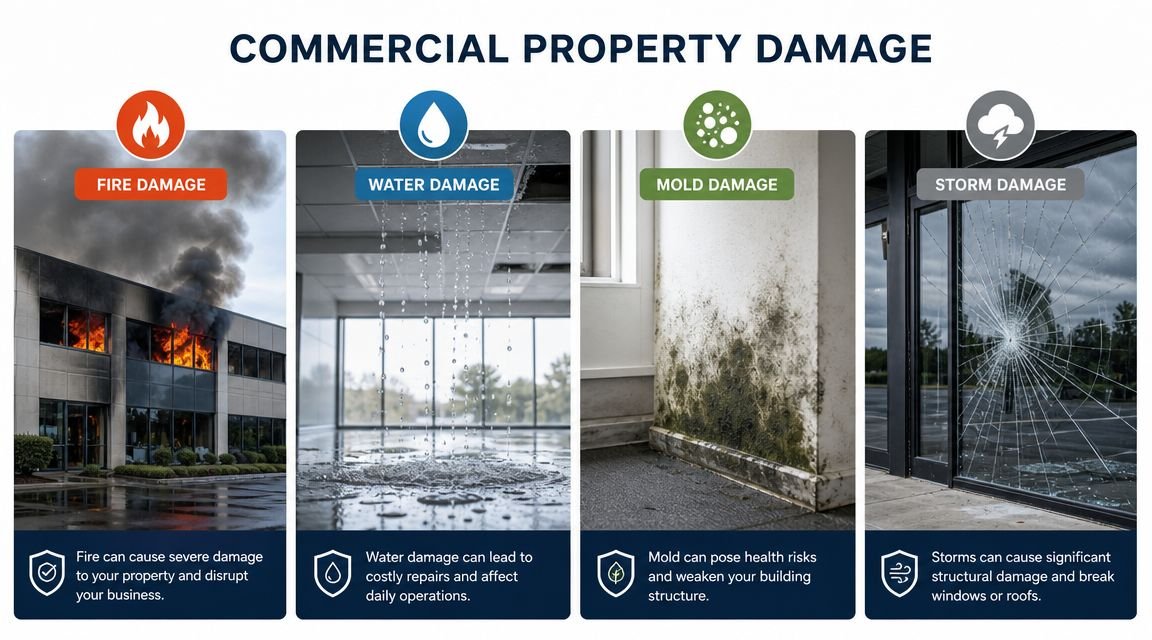 A four-column infographic showing fire, water, mold, and storm damage as types of commercial property damage.