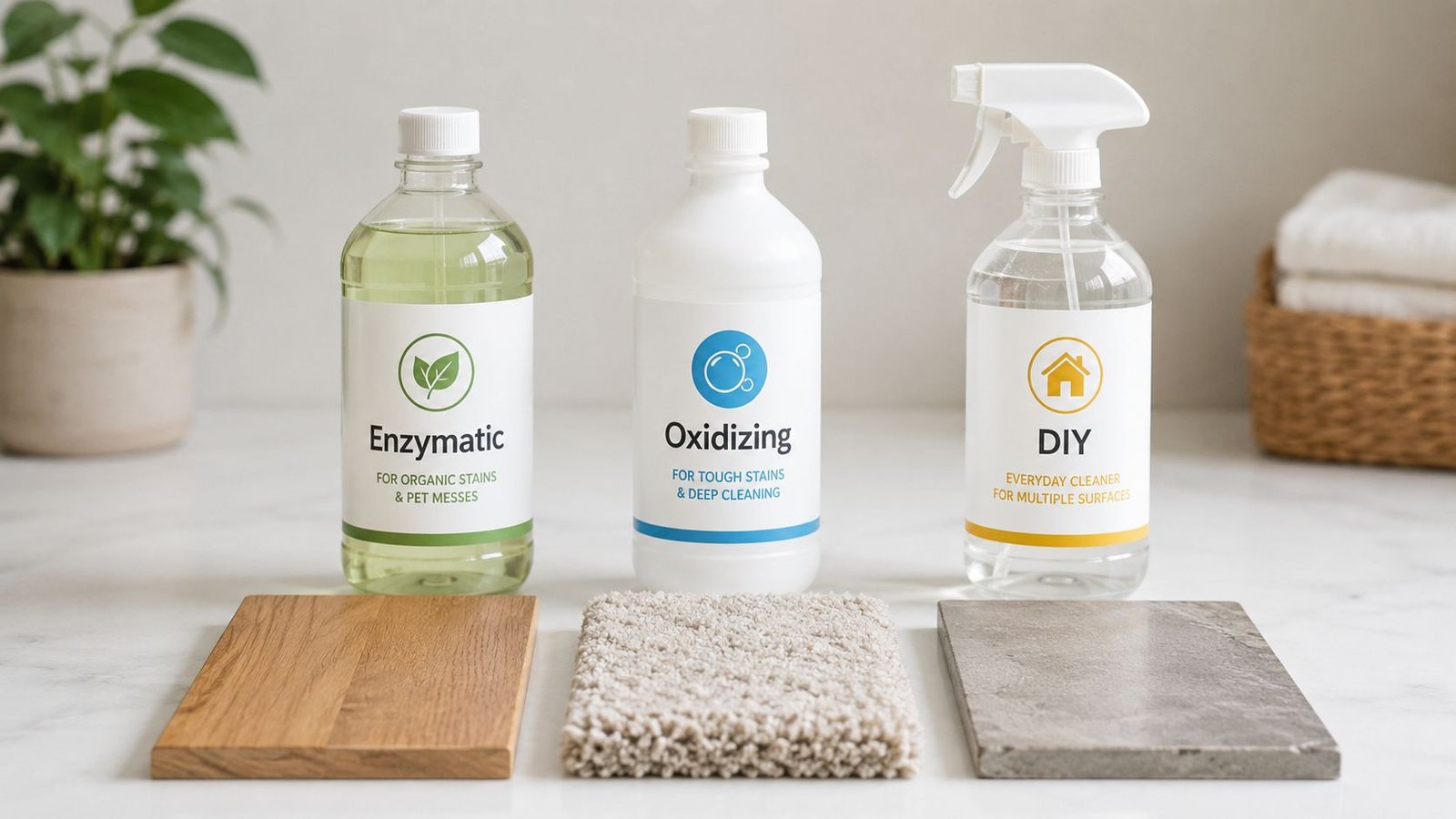 Three specialized cleaning bottles and various home surface materials arranged on a clean countertop for interior cleaning.