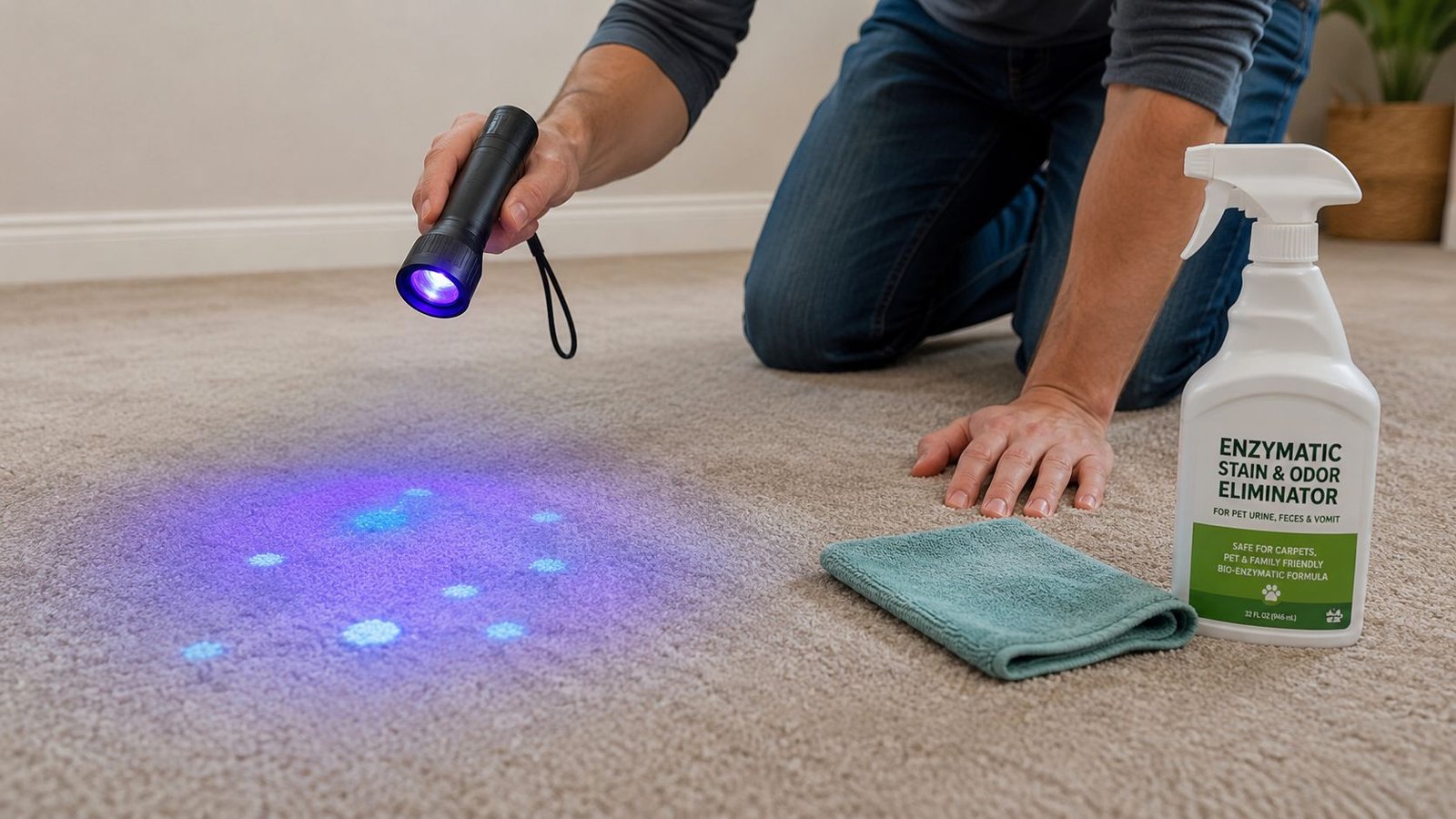 A person using a UV flashlight to inspect carpet stains near a bottle of enzymatic cleaner.
