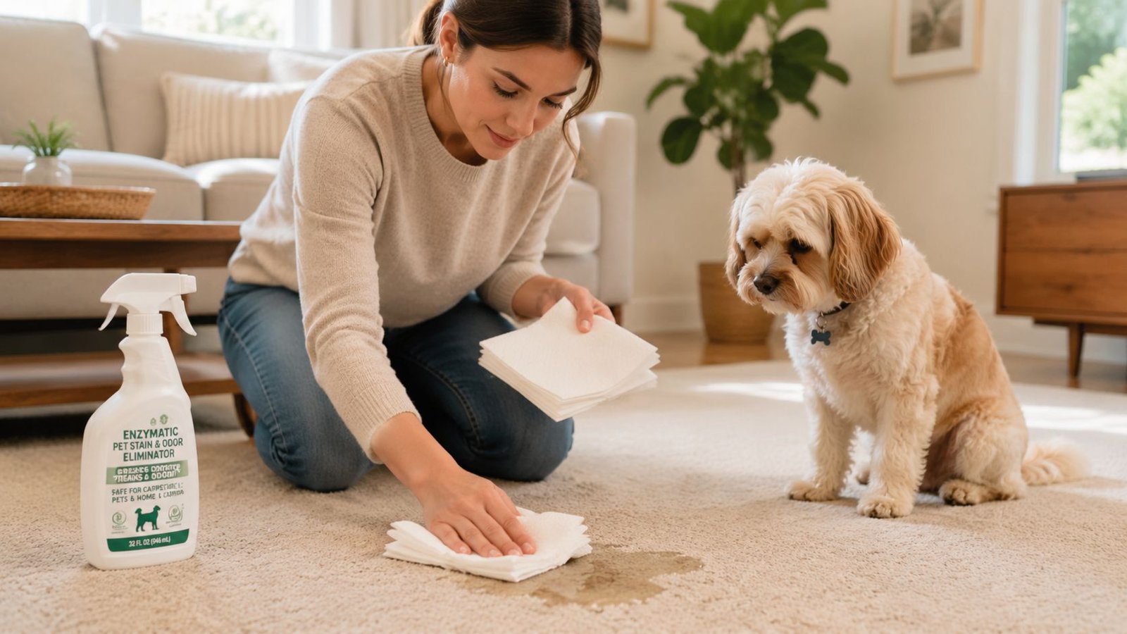A woman cleaning a spot of dog urine off a beige carpet using paper towels.