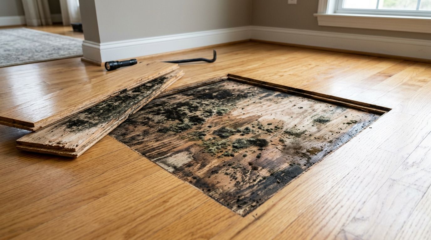 A square section of hardwood floor has been removed, revealing significant black mold growth on the subfloor underneath.